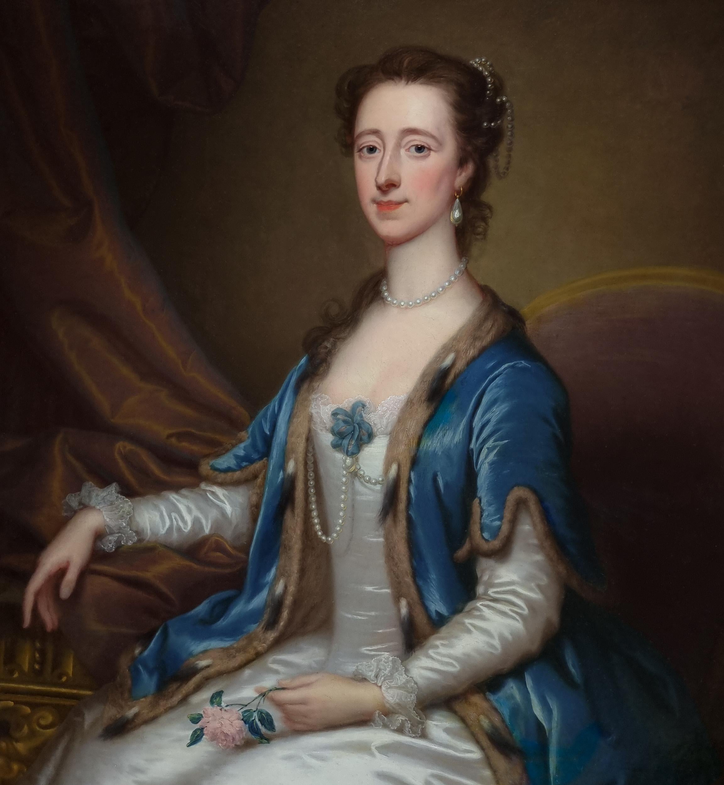 Portrait of Mrs William Acton, White Dress & Blue Cape c.1740 Signed painting 3