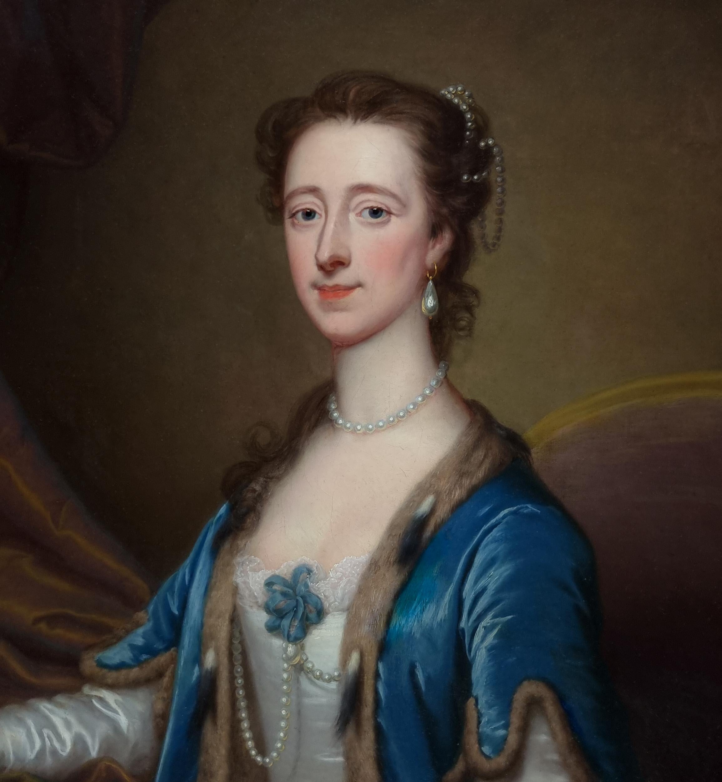 Portrait of Mrs William Acton, White Dress & Blue Cape c.1740 Signed painting 4