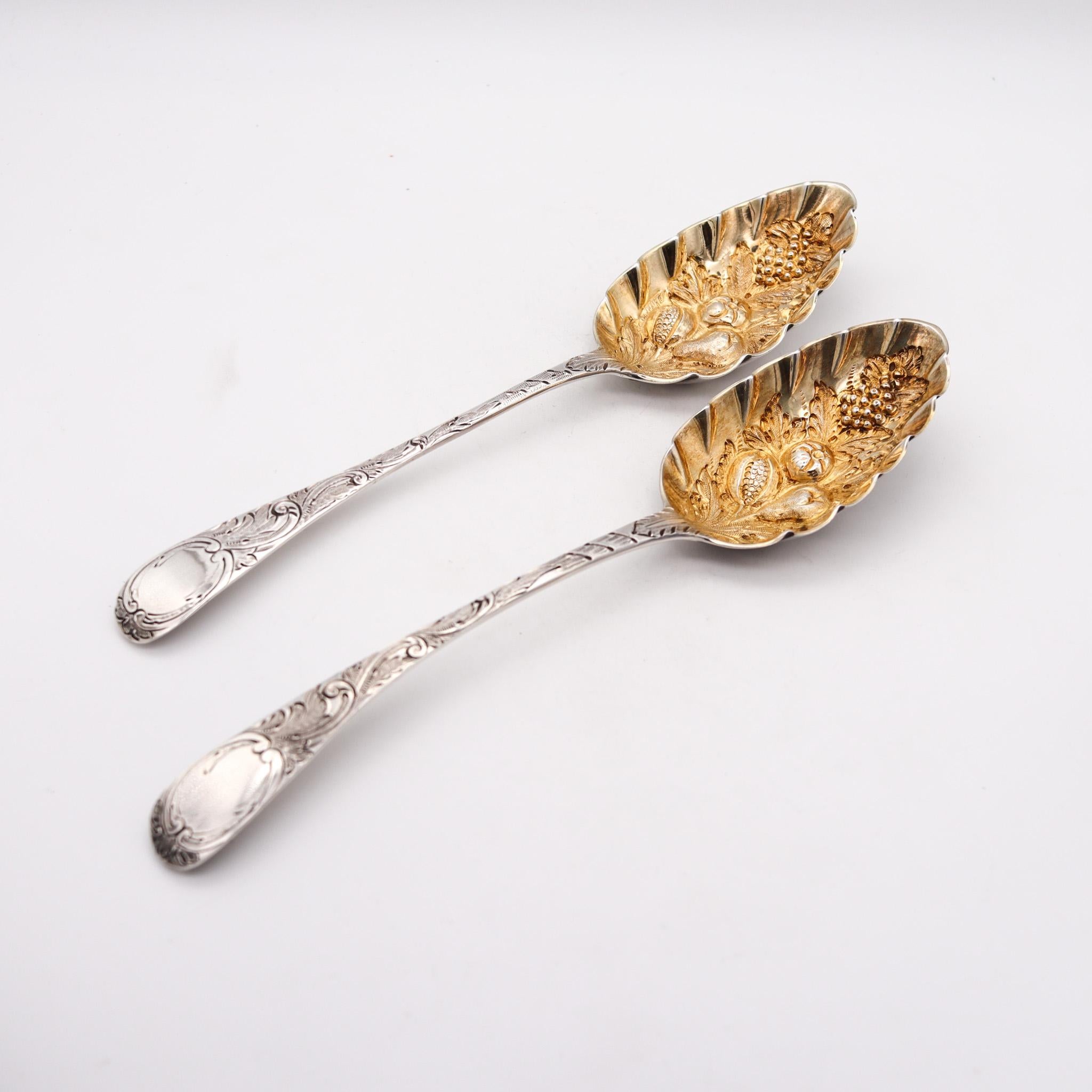 George IV Thomas Barker 1825 London Georgian Pair of Fruit Spoons in Gilded .925 Sterling For Sale
