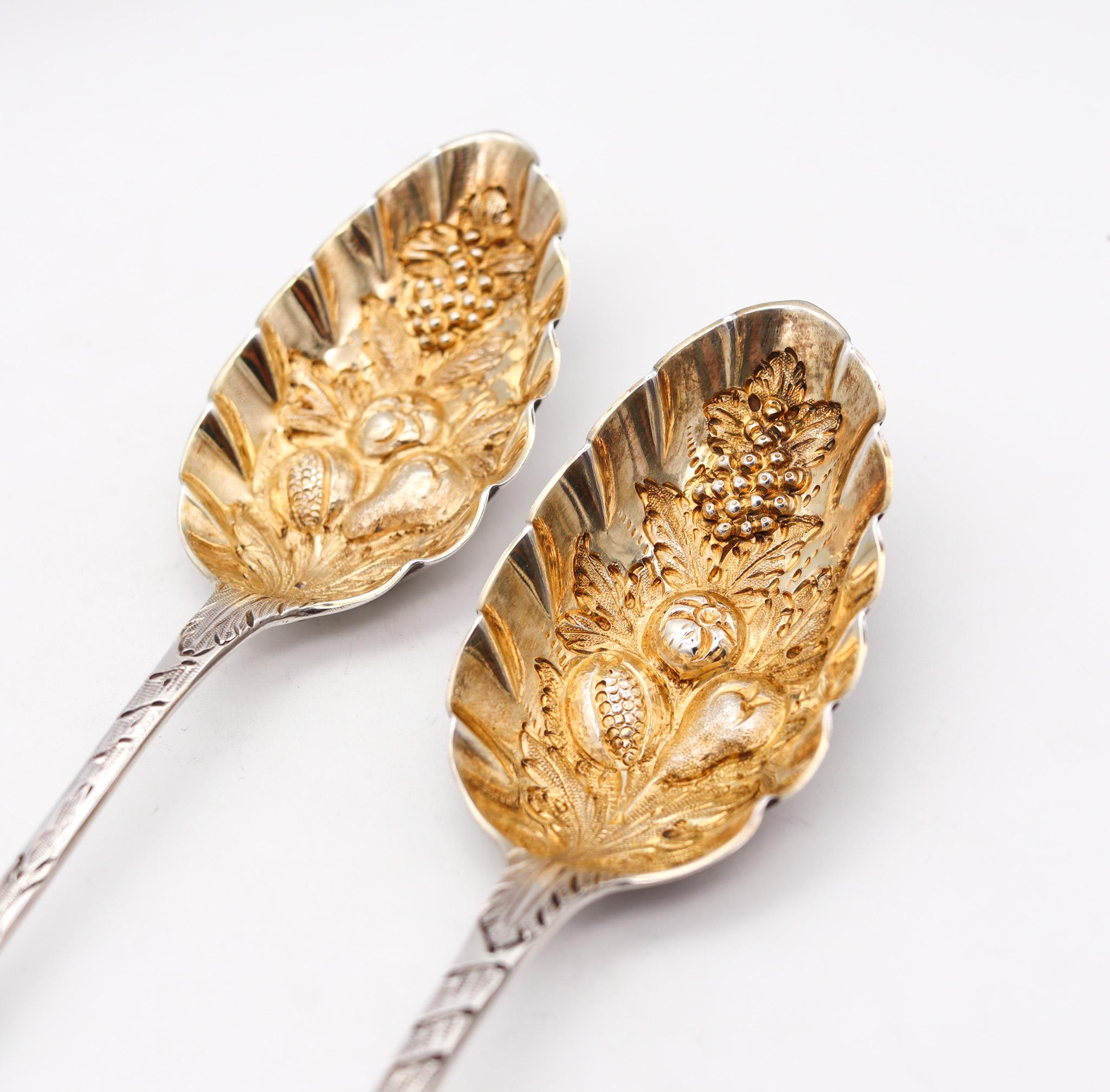 English Thomas Barker 1825 London Georgian Pair of Fruit Spoons in Gilded .925 Sterling For Sale