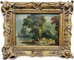 Antique Early Victorian Oil Painting Landscape with Huntsmen and His Hound By A River