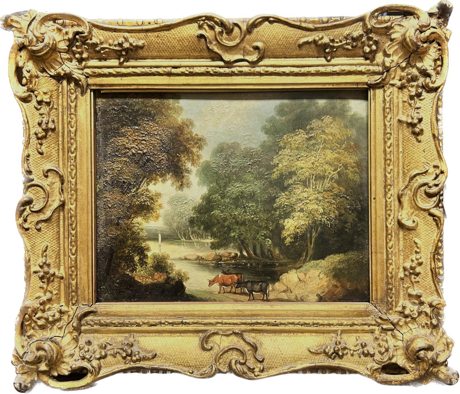Thomas Barker of Bath  Animal Painting - Early Victorian Oil Painting Landscape with River Cattle Watering, Gilt Frame