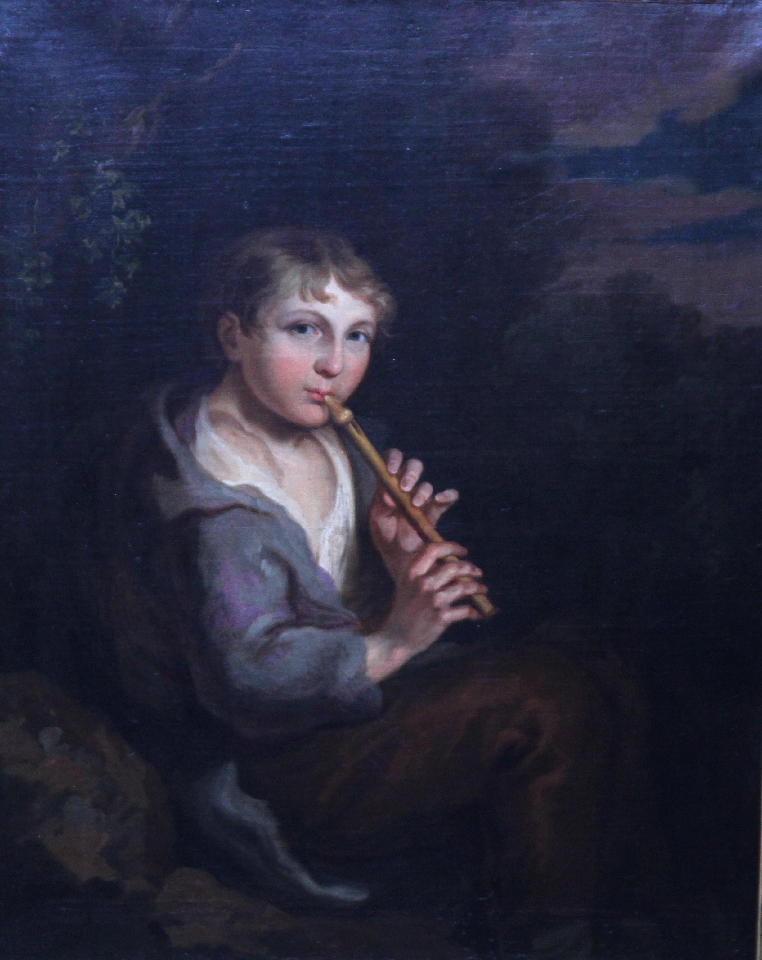 Portrait of Boy Playing a Flute - 18th/19th century art Old Master oil painting  - Painting by Thomas Barker of Bath (att.) 
