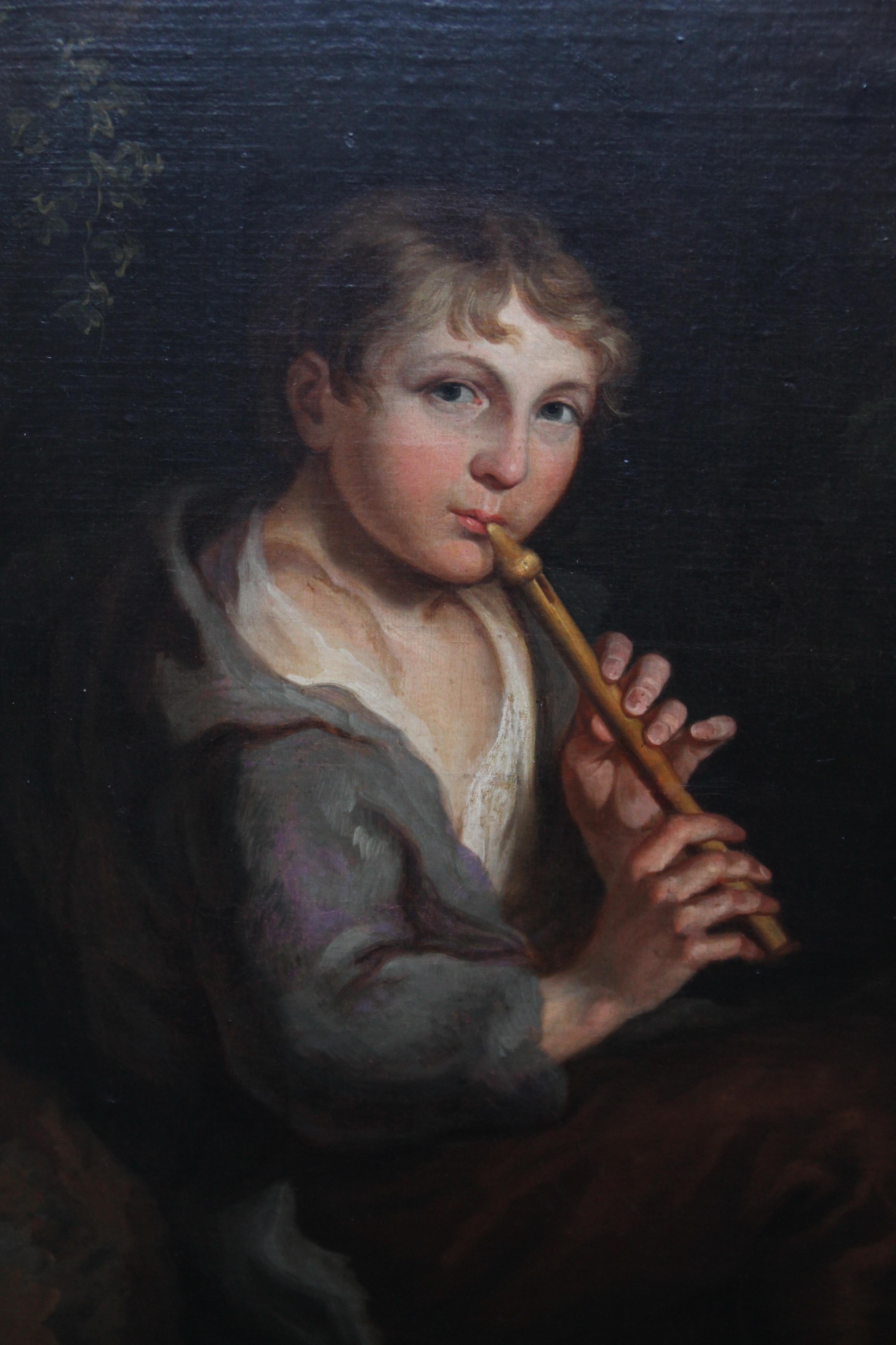 Ritratto di ragazzo che suona il flauto - pittura ad olio del XVIII/XIX secolo, Old Master - Portrait Painting Nero di Thomas Barker of Bath (att.) 