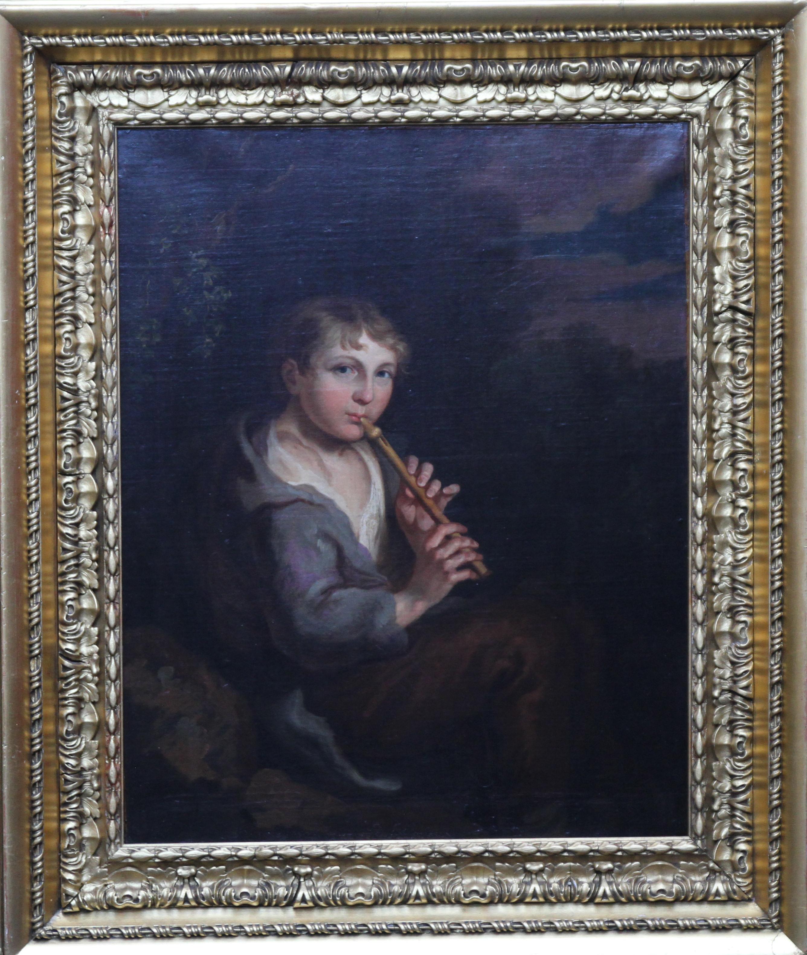 Portrait of Boy Playing a Flute - 18th/19th century art Old Master oil painting  For Sale 2