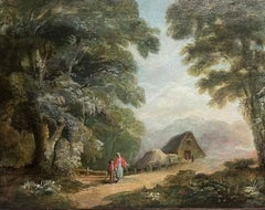 Fine c. 1800s English Country Landscape Figures in Golden Light Wooded Landscape