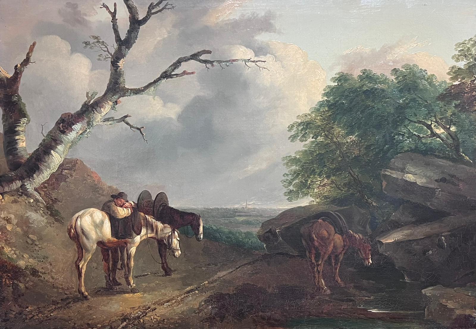 Großes englisches Ölgemälde „Man with Horses Resting“, Panoramic Country View, 1800er Jahre – Painting von Thomas Barker of Bath