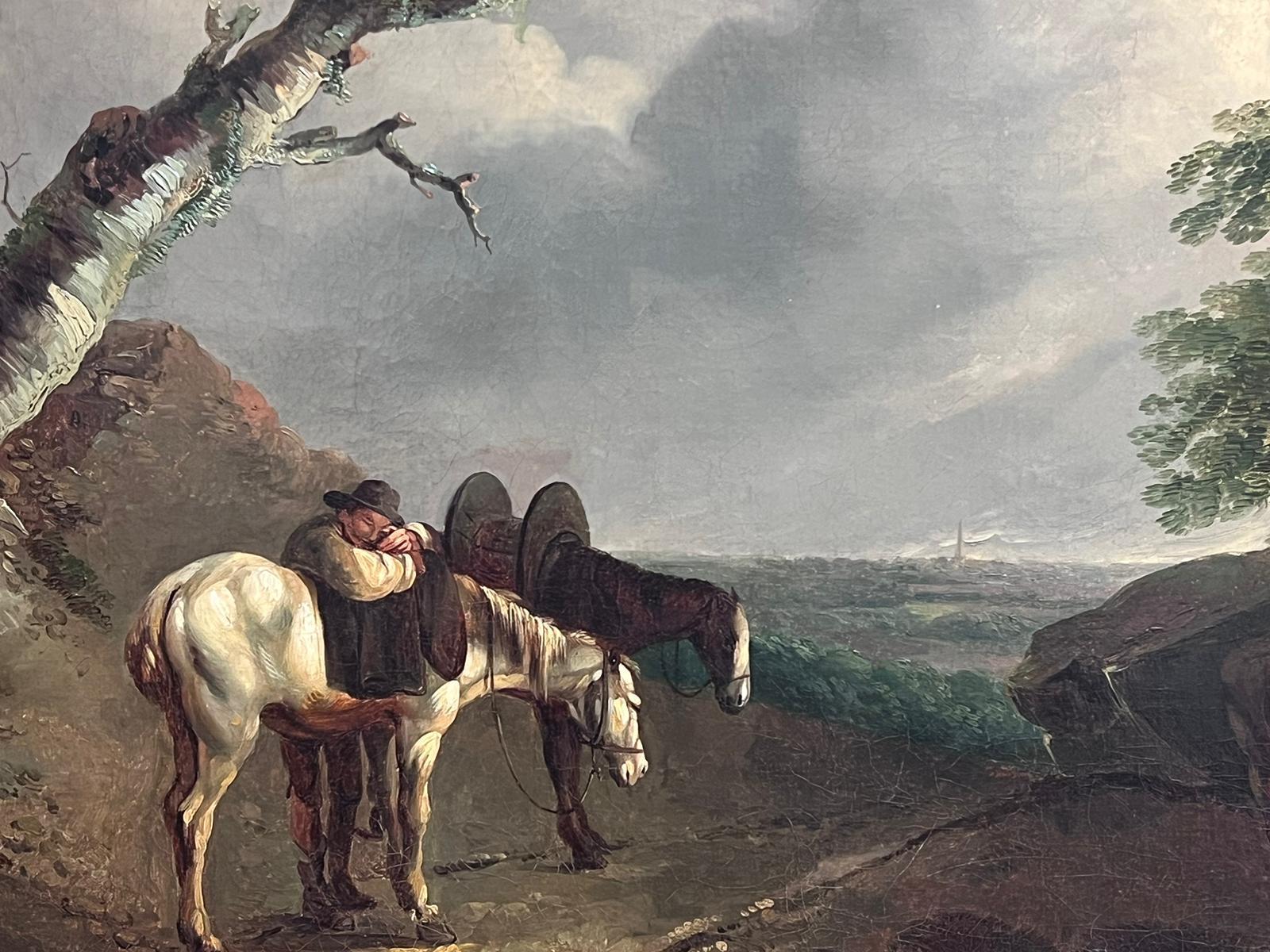 Huge 1800's English Oil Painting Man with Horses Resting Panoramic Country View For Sale 7