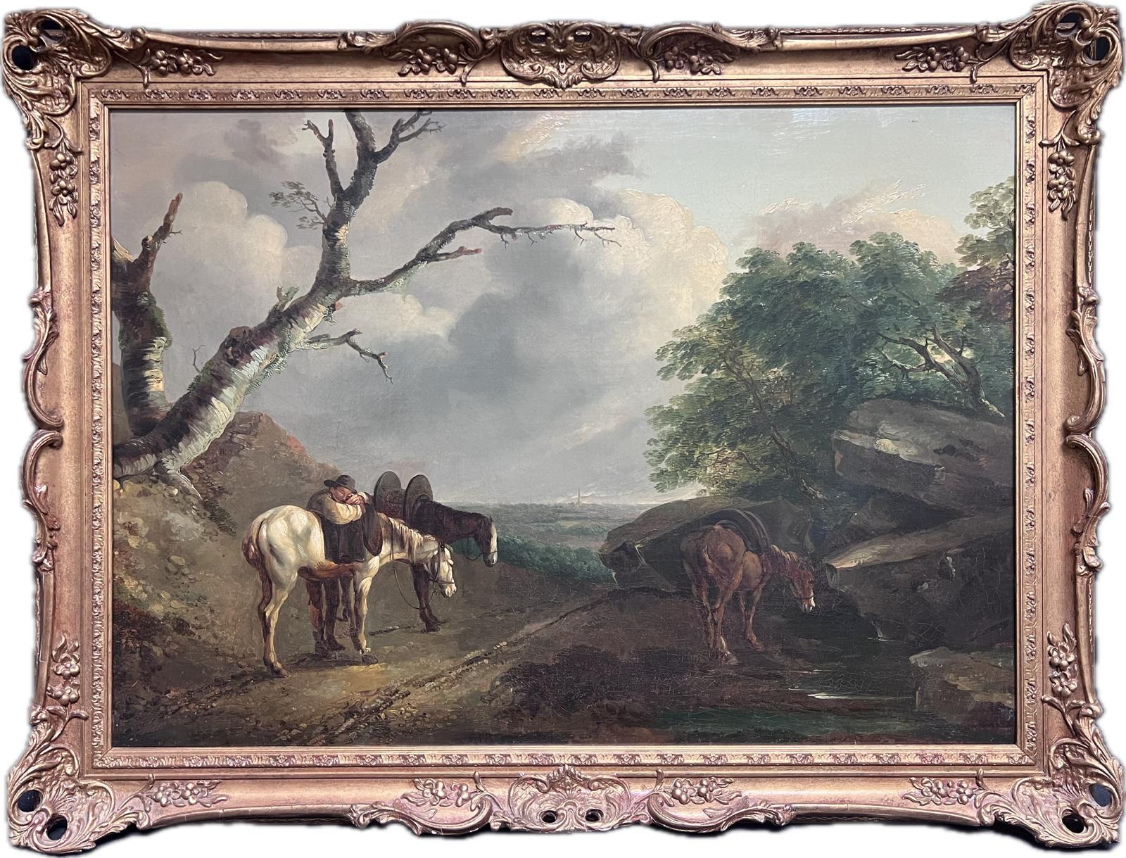 Immense peinture à l'huile anglaise des années 1800 Homme et chevaux au repos Vue panoramique de la campagne