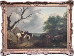 Huge 1800's English Oil Painting Man with Horses Resting Panoramic Country View