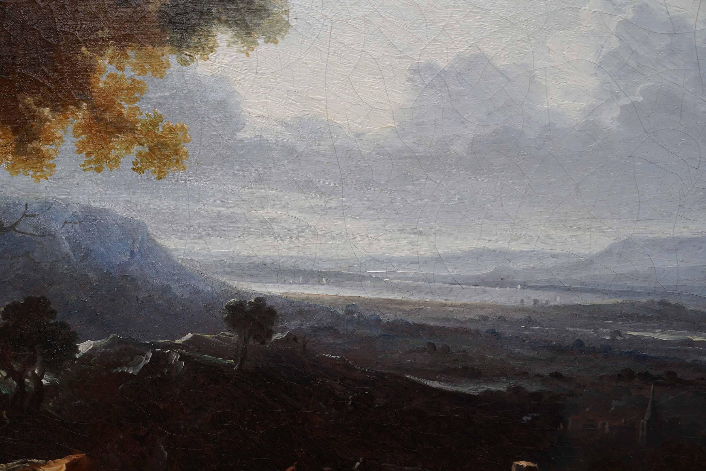 This superb British Old Master landscape oil painting is attributed to circle of Thomas Barker of Bath. Painted circa 1830 the composition is an expansive landscape of the view from Leckhampton Hill towards Gloucester in the far distance.