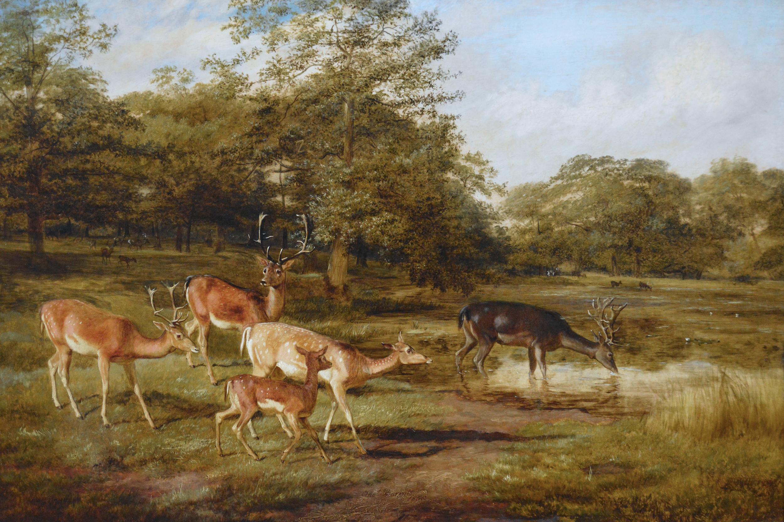 19th Century landscape oil painting of deer in a park - Painting by Thomas Barratt of Stockbridge (Exh. 1852-1860)