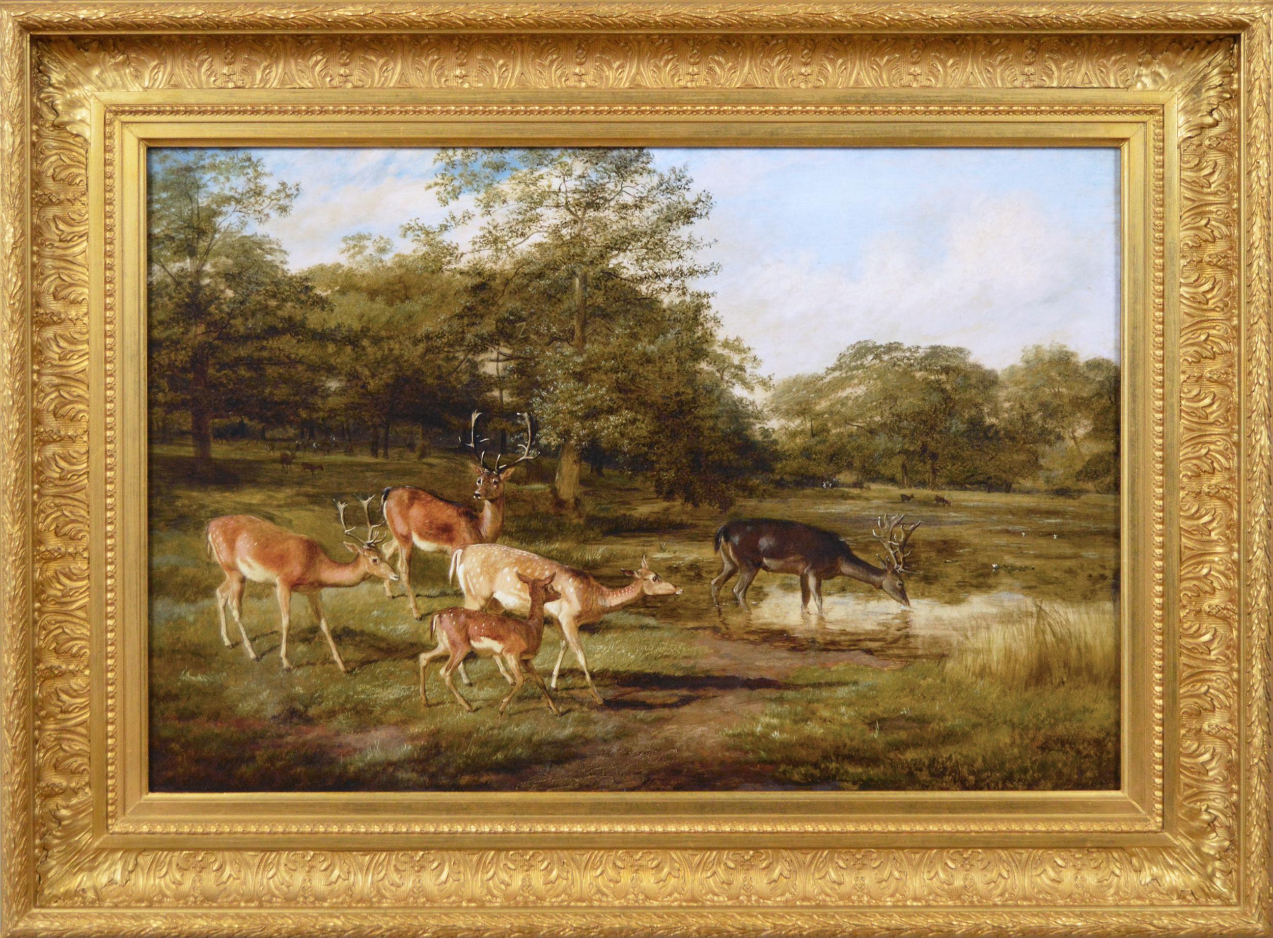 19th Century landscape oil painting of deer in a park 