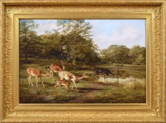 19th Century landscape oil painting of deer in a park 
