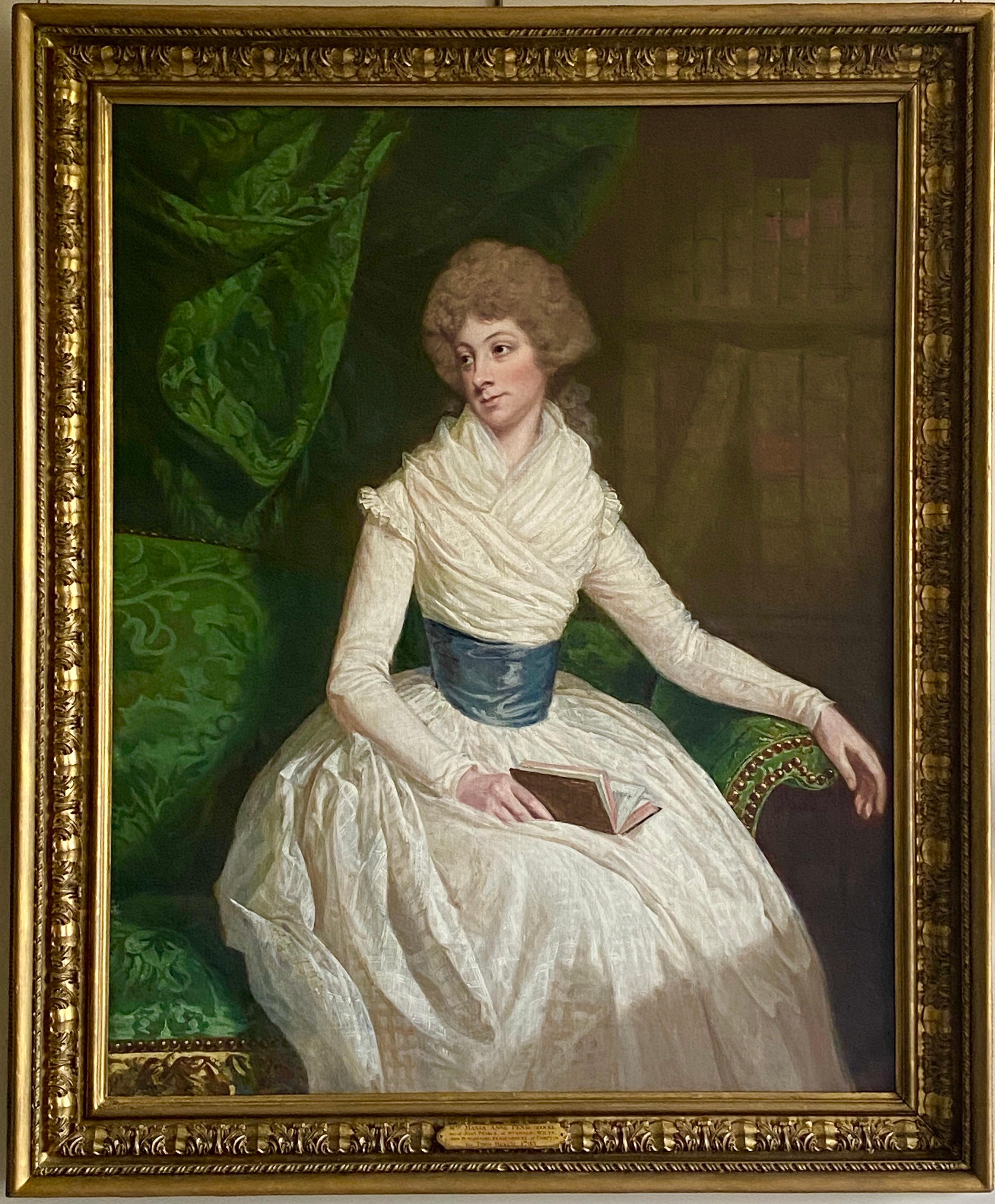 Thomas Beach Interior Painting - English 18th century Portrait of a Lady seated in a Library with a book