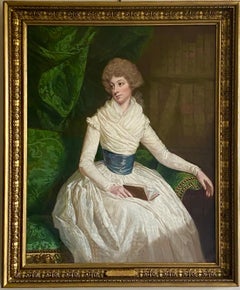 English 18th century Portrait of a Lady seated in a Library with a book