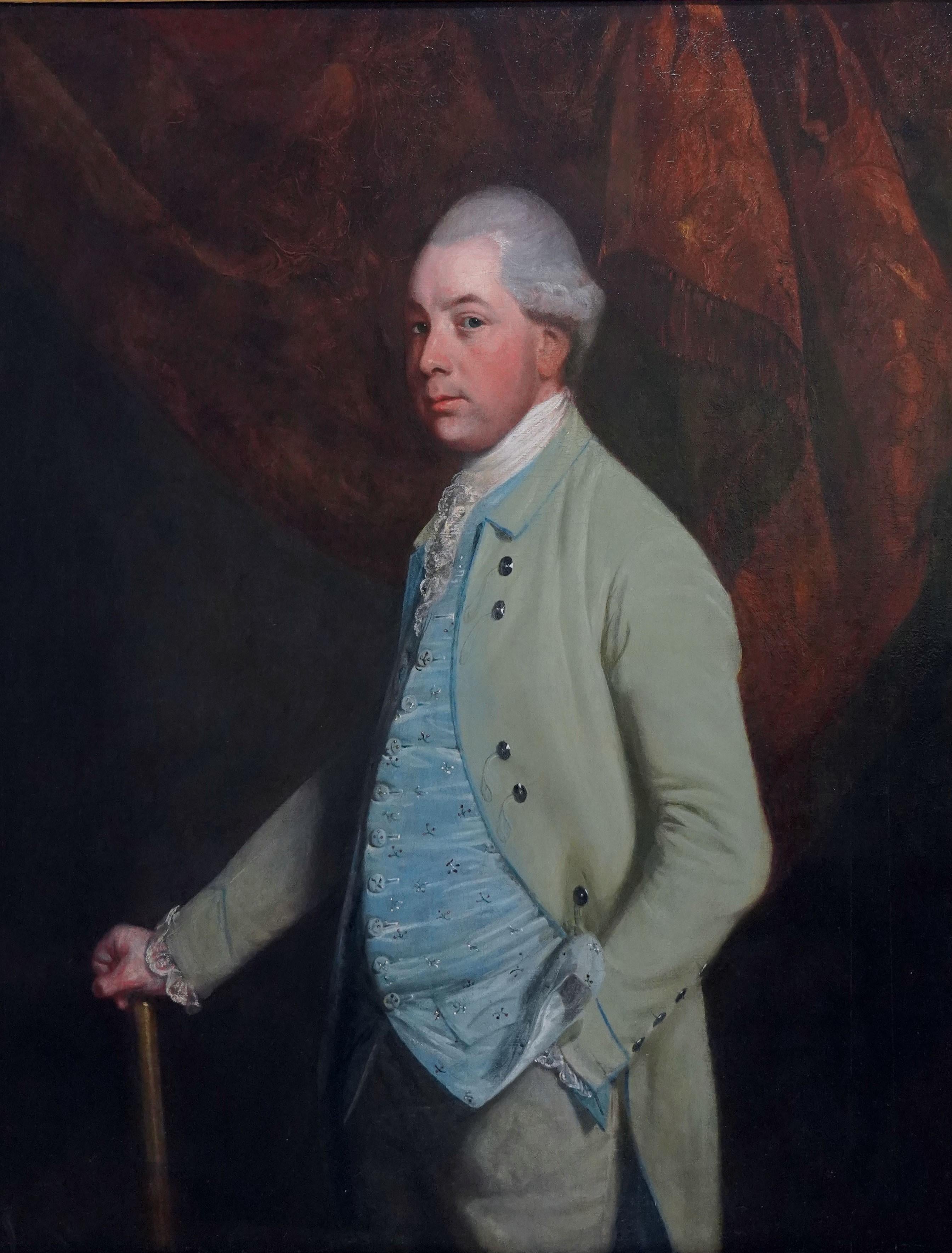Portrait of William, Baron Craven wearing a green jacket in an interior - Old Masters Painting by Thomas Beach