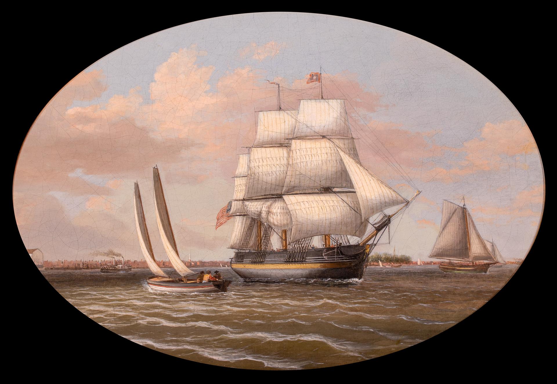 Amercan Merchant Ship in Philadelphia Harbor - Painting by Thomas Birch