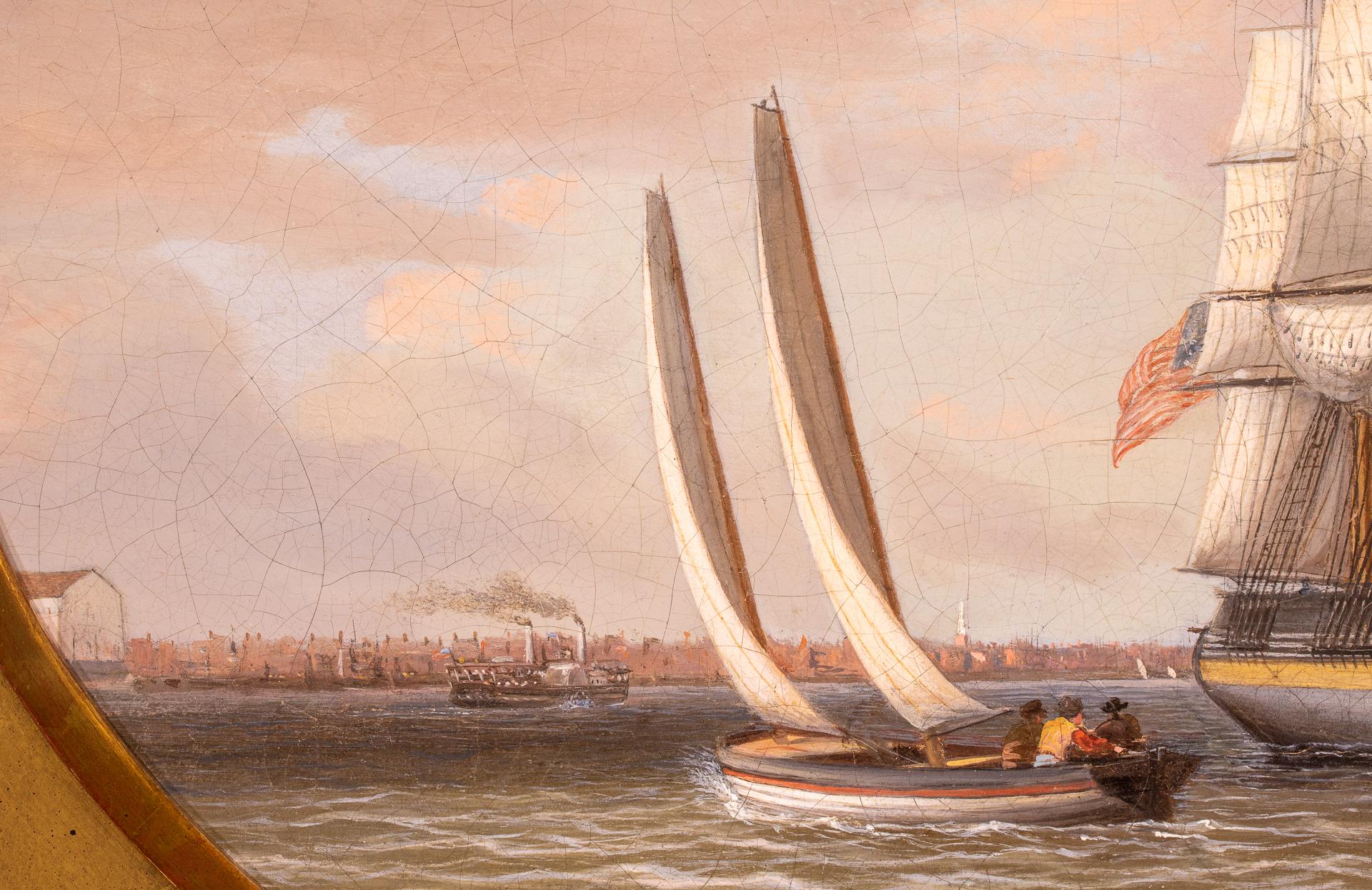 Amerkanisches Handelsschiff in Philadelphia- Hafen (Braun), Landscape Painting, von Thomas Birch