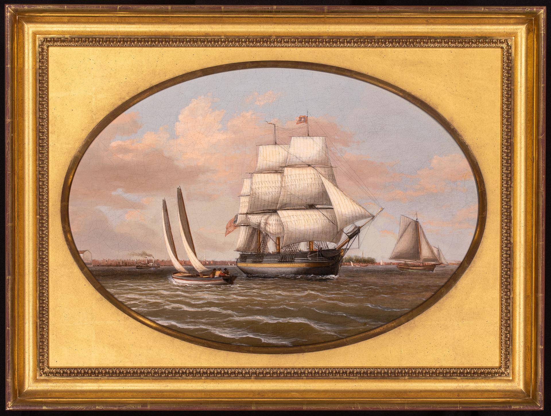 Thomas Birch Landscape Painting - Amercan Merchant Ship in Philadelphia Harbor