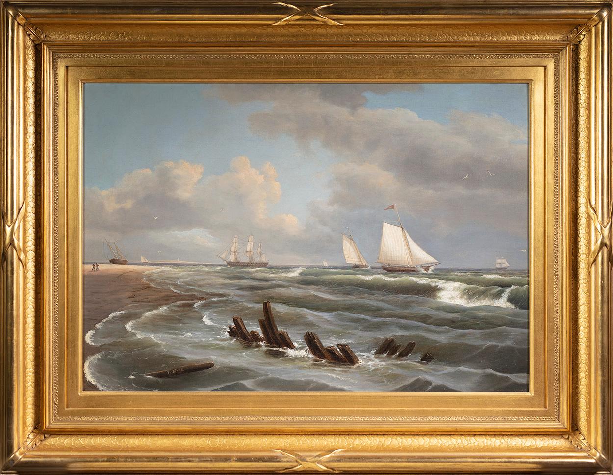 Coastal Scene with Ships on Ocean - Painting by Thomas Birch