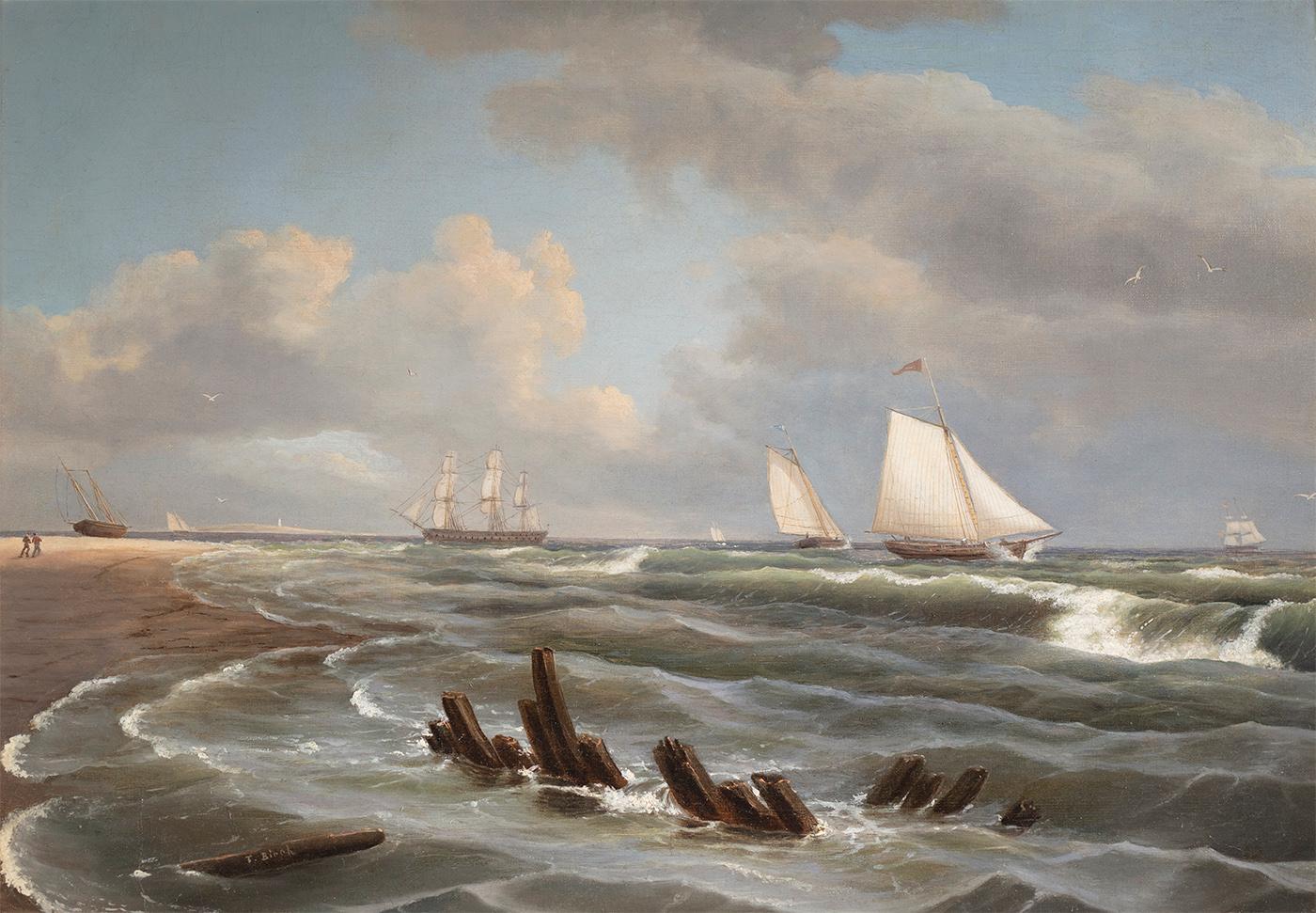 Thomas Birch Landscape Painting - Coastal Scene with Ships on Ocean