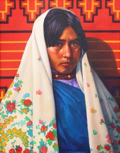 Navajo Woman in Front of Red Blanket
