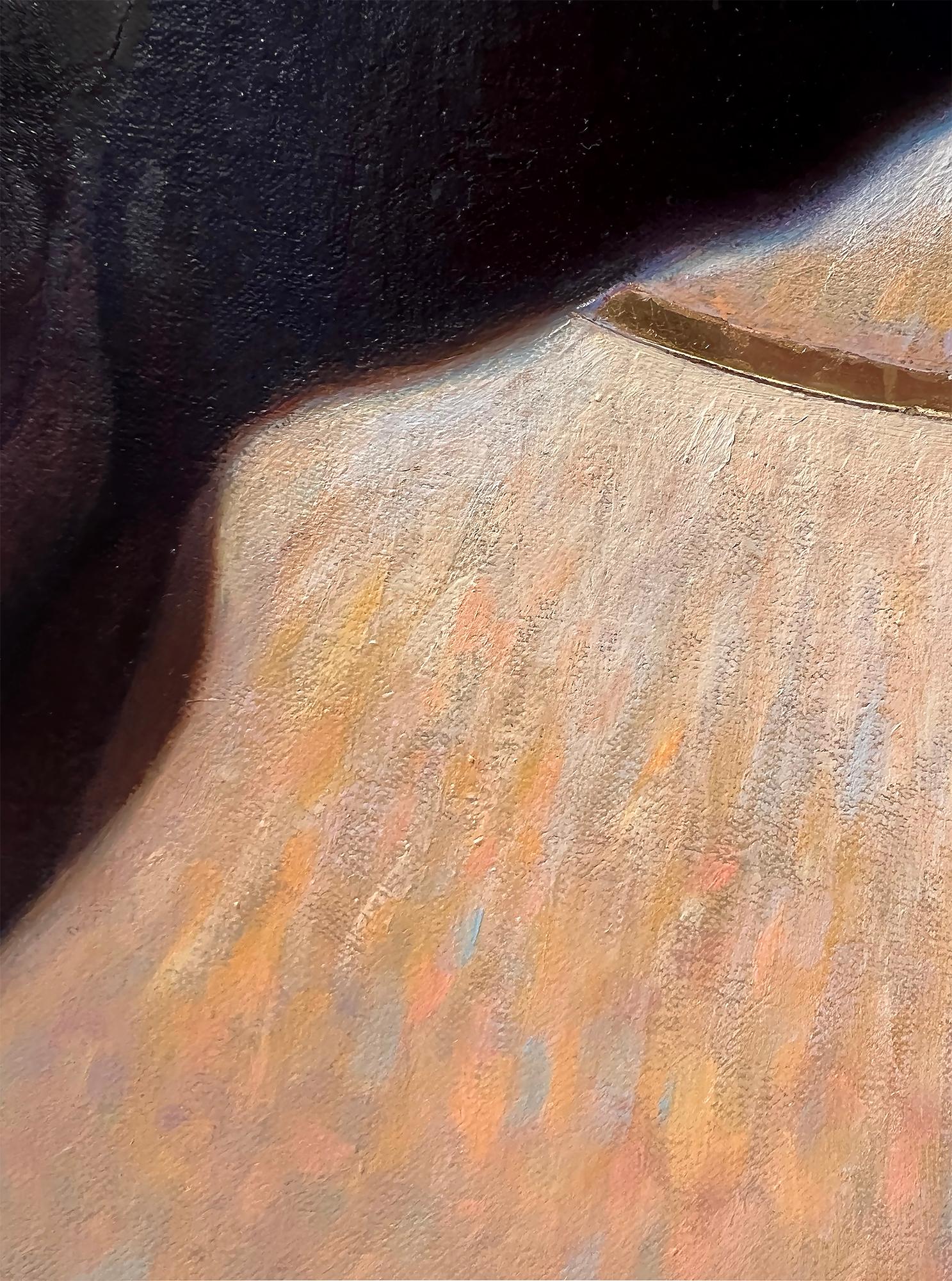 Questa immagine potente e graficamente composta di un uomo nero con ali bianche da angelo  è stato dipinto in stile realista da  L'artista afroamericano Thomas Thomas Blackshear. Olio su tela posato su tavola. Siglata in basso a sinistra.  L'alone