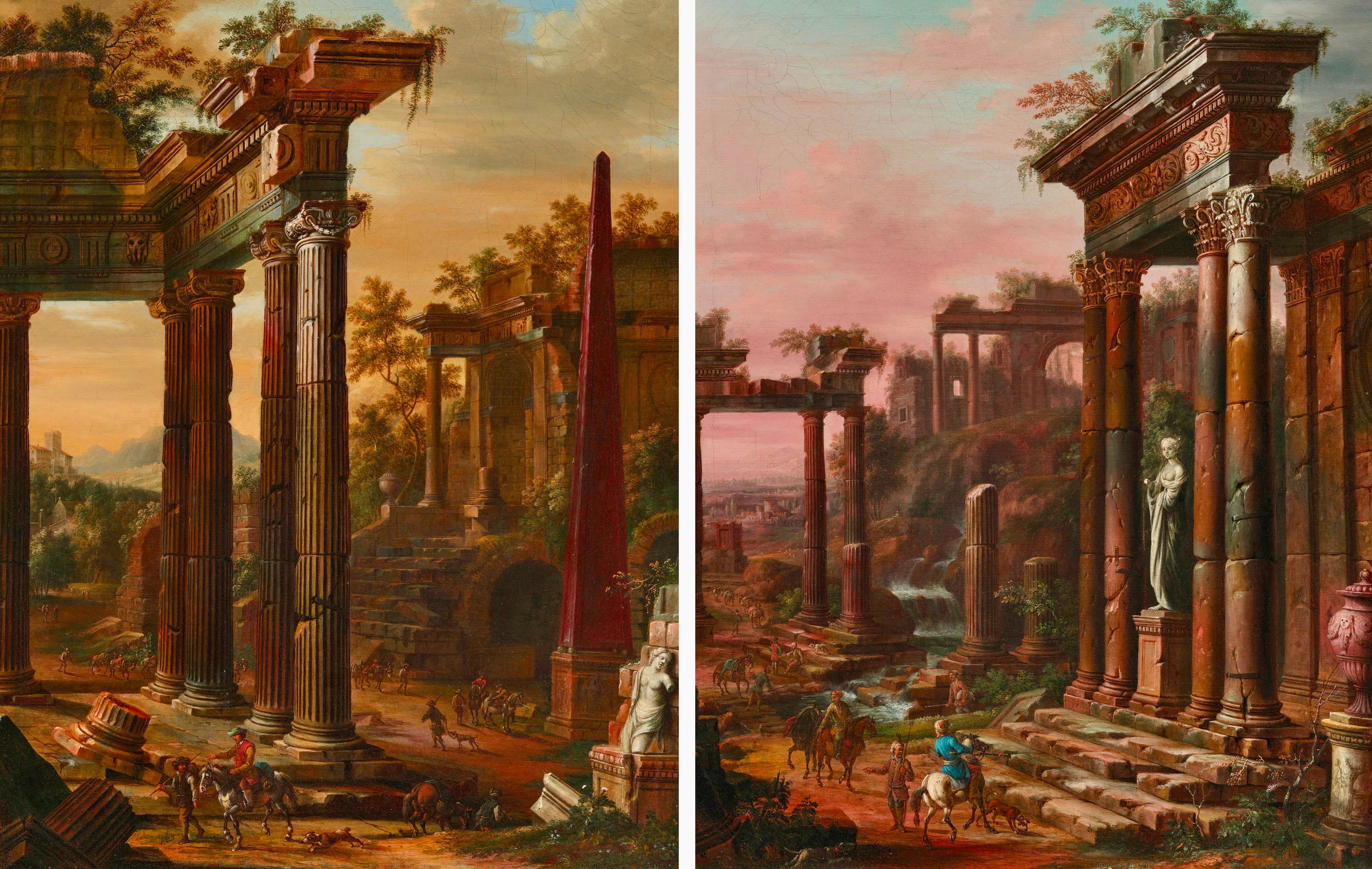Coppia di Capriccio architettonico del XVIII secolo raffigurante templi romani con cacciatori - Painting di Thomas Blanchet