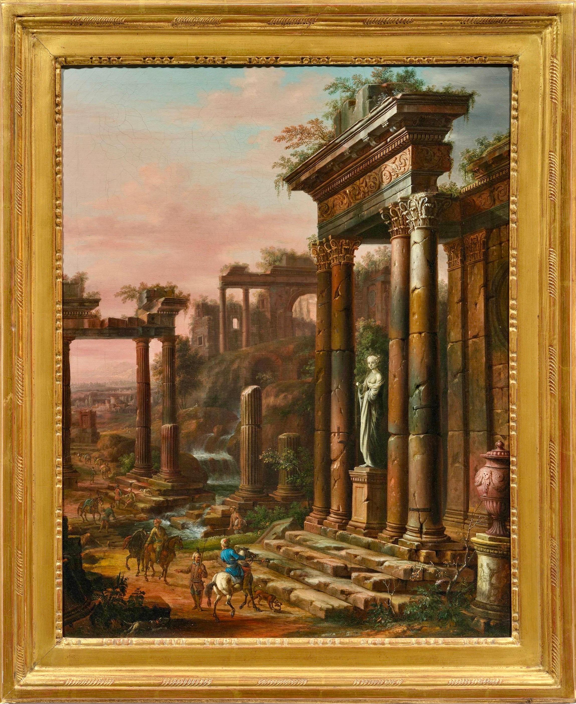 Capriccio architettonico del XVIII secolo di templi romani con cacciatori

Questa coppia di dipinti ritrae dei cacciatori riuniti davanti agli imponenti resti delle rovine di un tempio romano; ogni tela cattura un momento distinto della giornata e