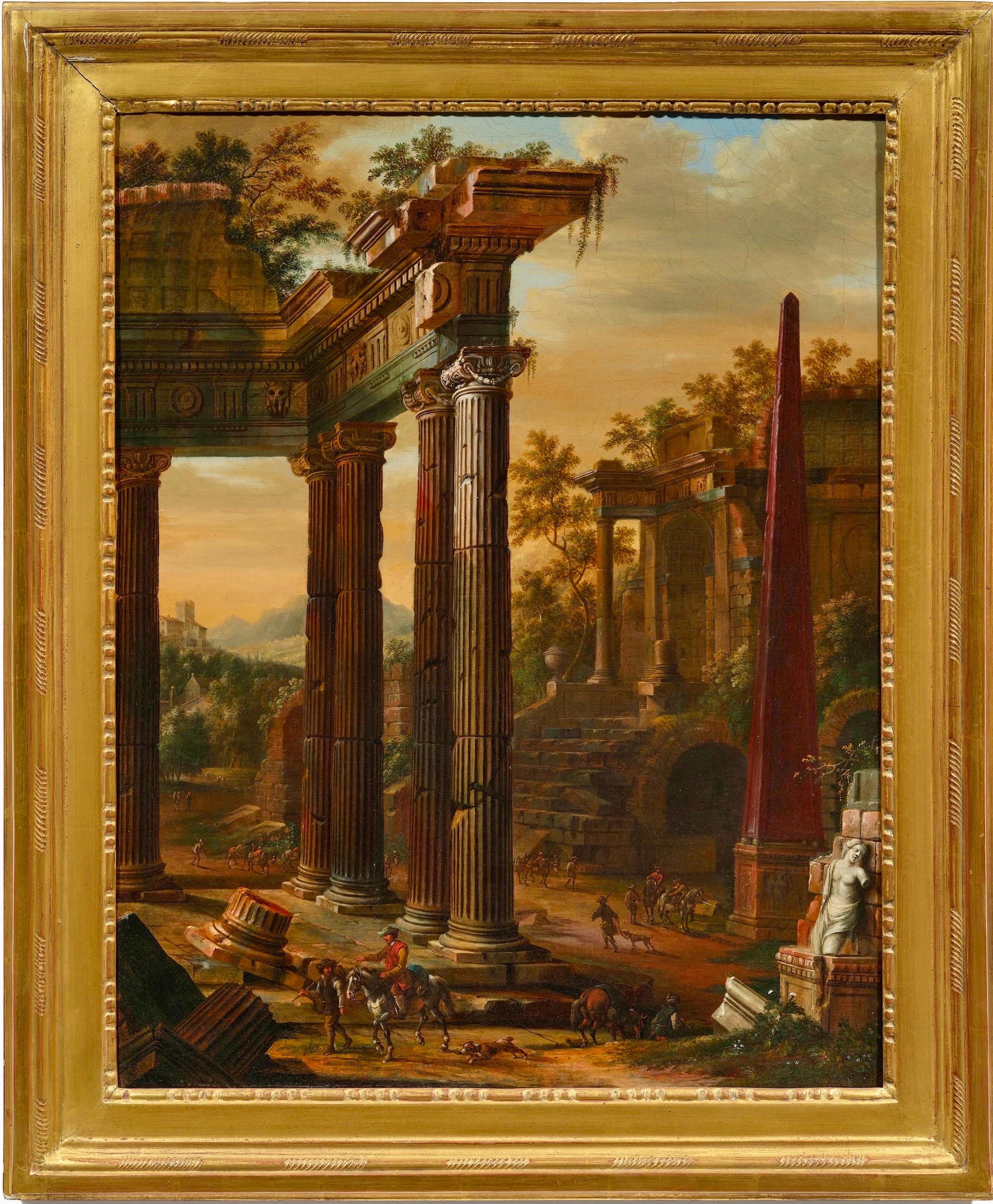 Coppia di Capriccio architettonico del XVIII secolo raffigurante templi romani con cacciatori in vendita 1