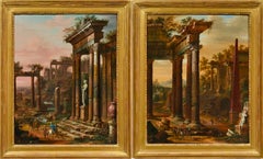 Coppia di Capriccio architettonico del XVIII secolo raffigurante templi romani con cacciatori