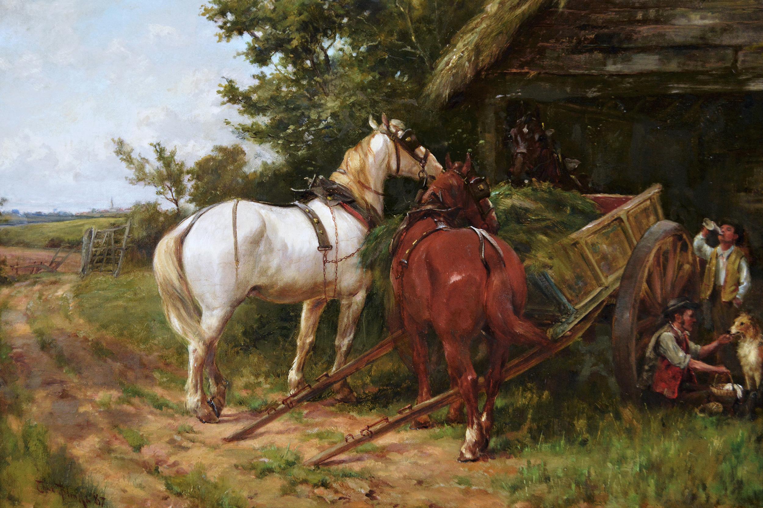 19th Century landscape oil painting of horses near a barn with figures & a dog - Painting by Thomas Blinks