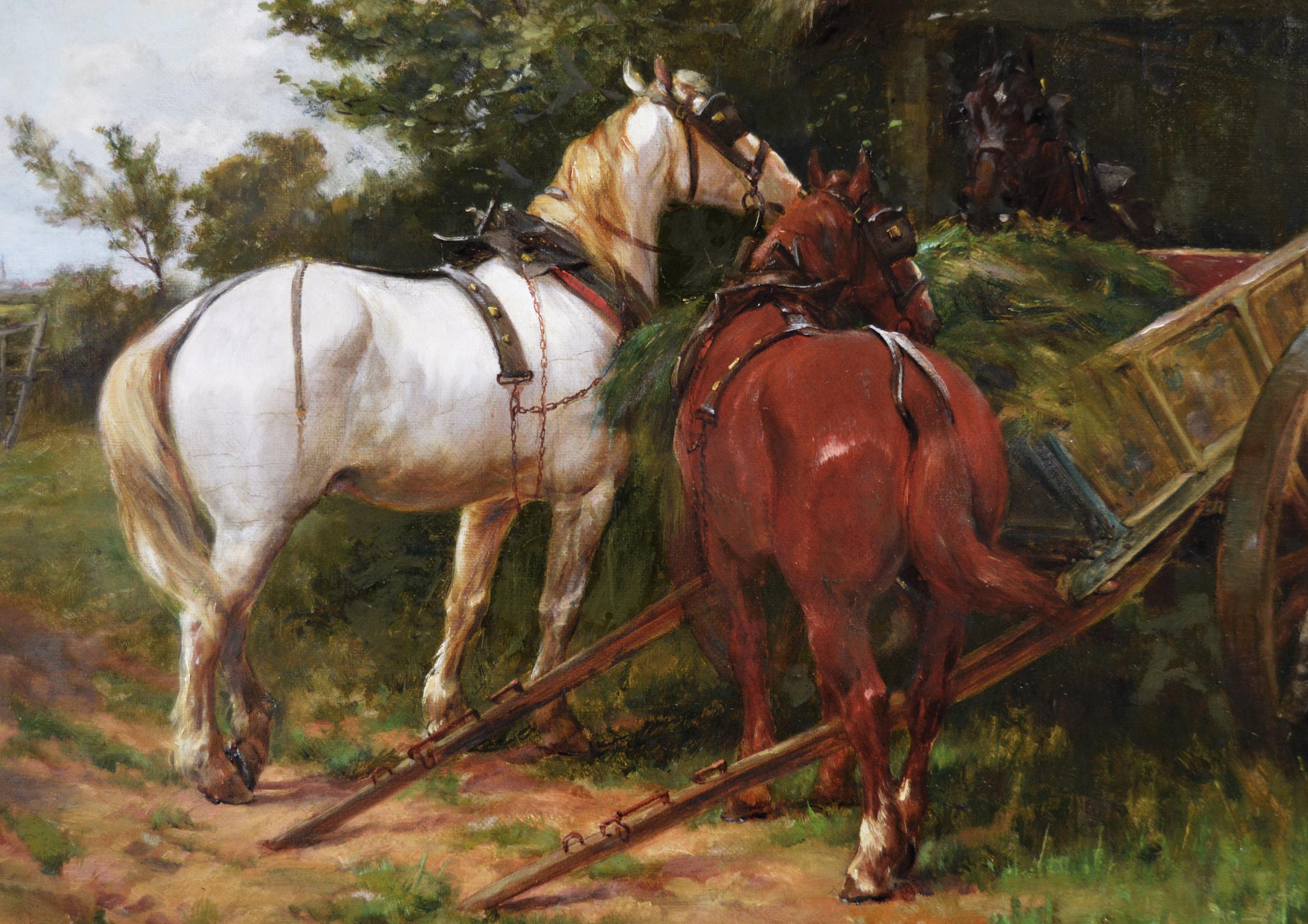 Peinture à l'huile du XIXe siècle représentant des chevaux près d'une grange, avec des personnages et un chien - Victorien Painting par Thomas Blinks