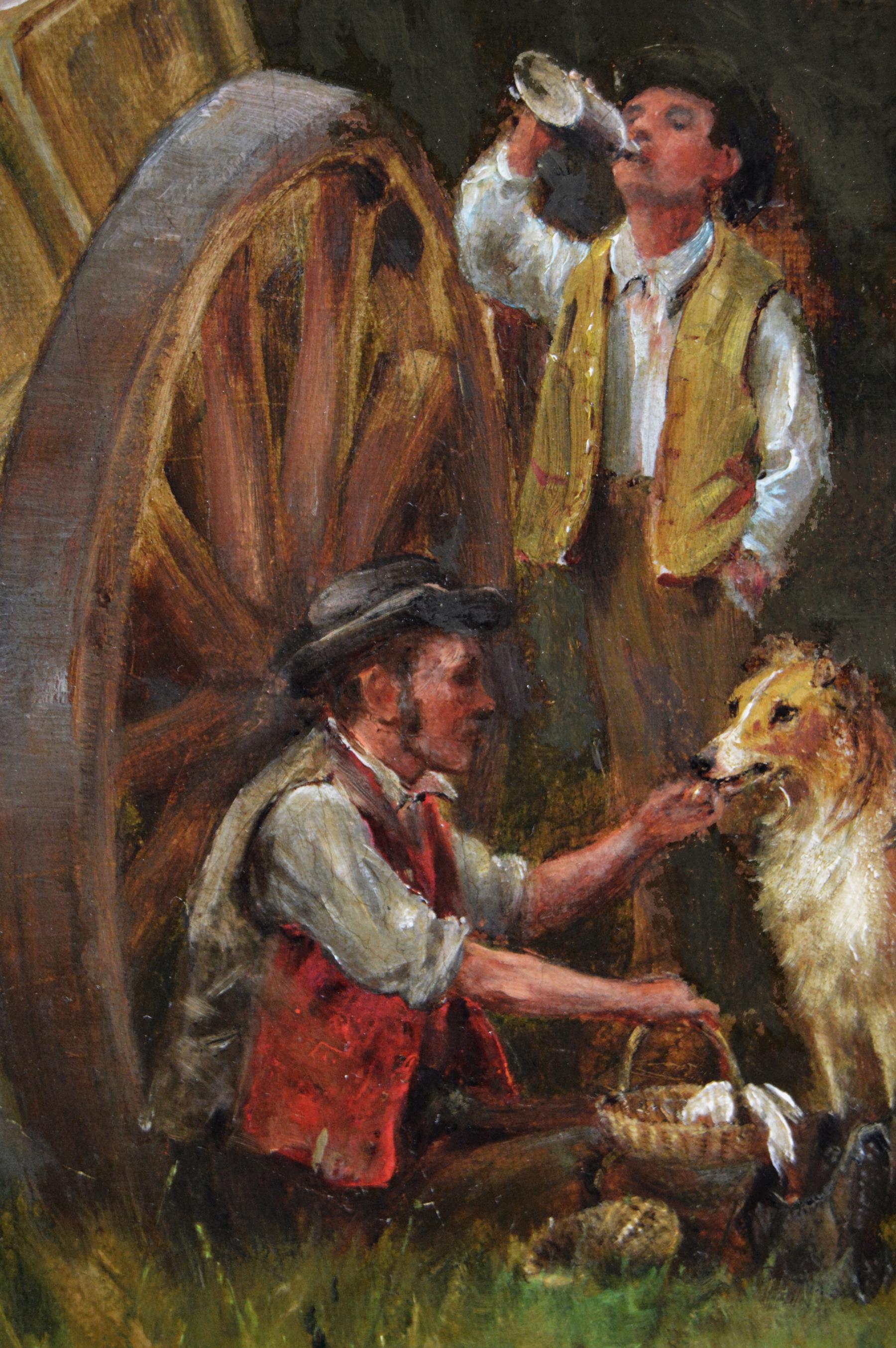Peinture à l'huile du XIXe siècle représentant des chevaux près d'une grange, avec des personnages et un chien - Marron Landscape Painting par Thomas Blinks