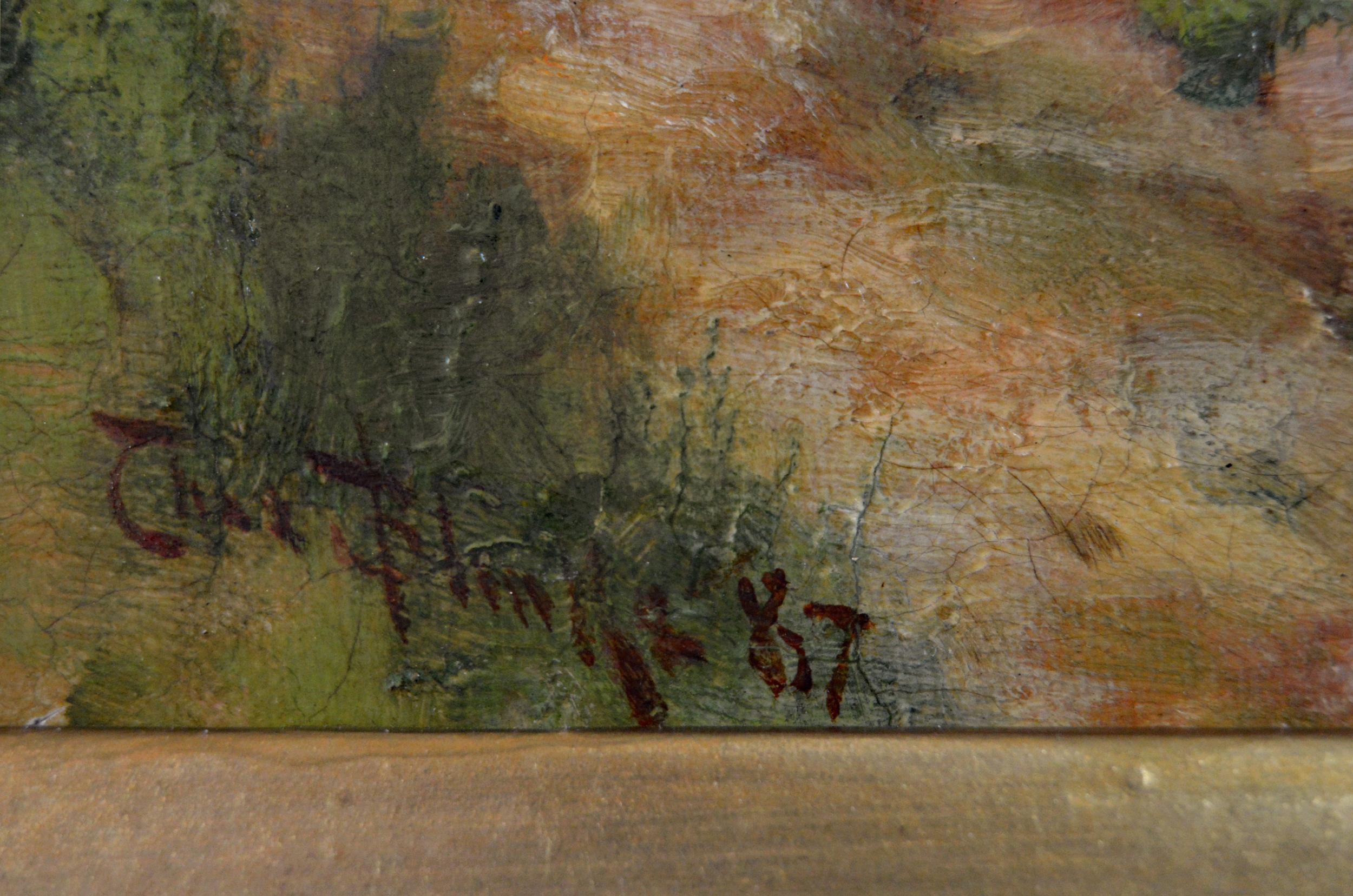 Pintura al óleo de paisaje del siglo XIX de caballos cerca de un granero con figuras y un perro en venta 2