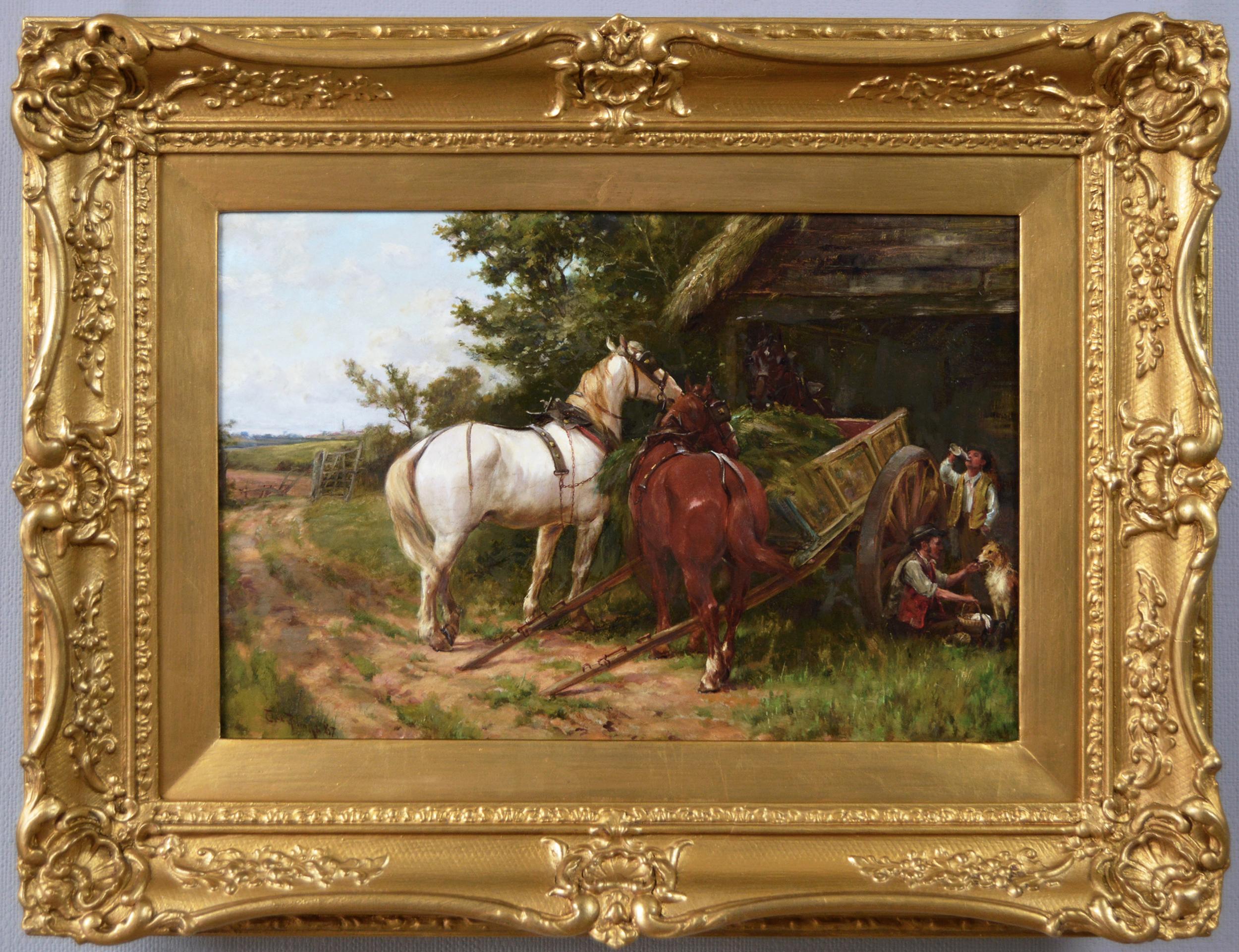 Landschaftsgemälde aus dem 19. Jahrhundert mit Pferden in der Nähe einer Scheune mit Figuren und einem Hund