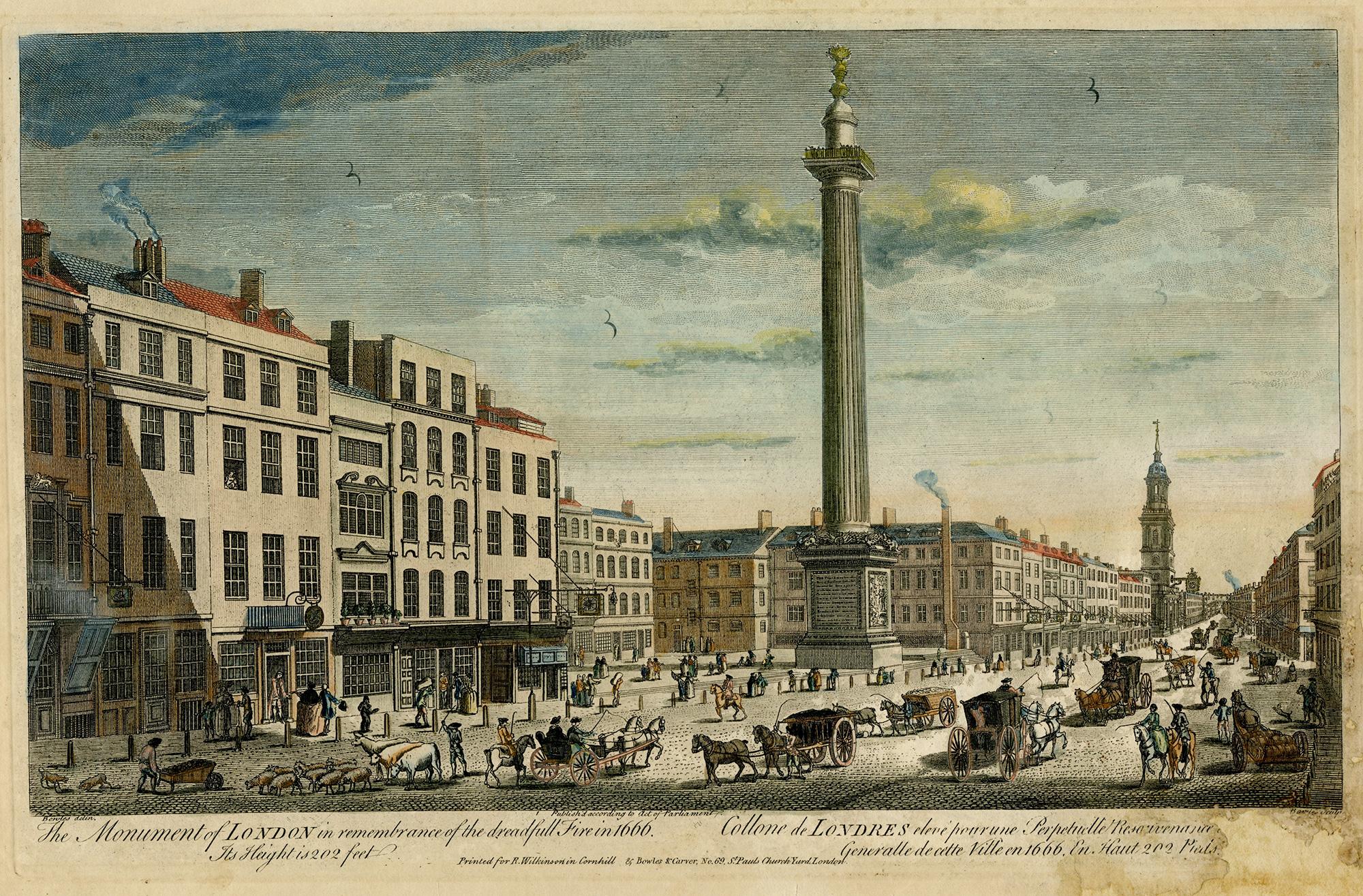 Thomas Bowles III Landscape Print – Das Monument von London im Gedenken an das Dreadful Fire von 1666
