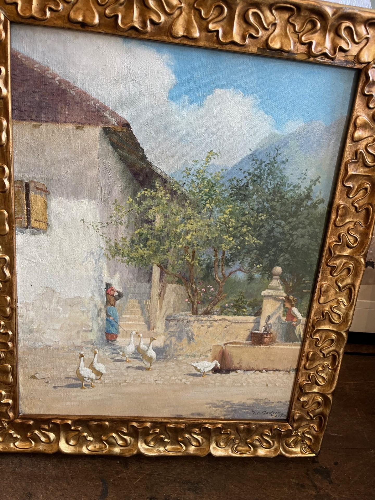 Victorian Landscape in Swiss Village with Figures and Geese Large Oil Painting - Gray Landscape Painting by Thomas Bowman Garvie