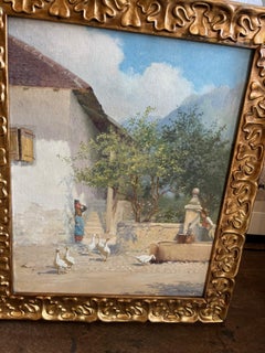 Victorian Landscape in Swiss Village with Figures and Geese Large Oil Painting
