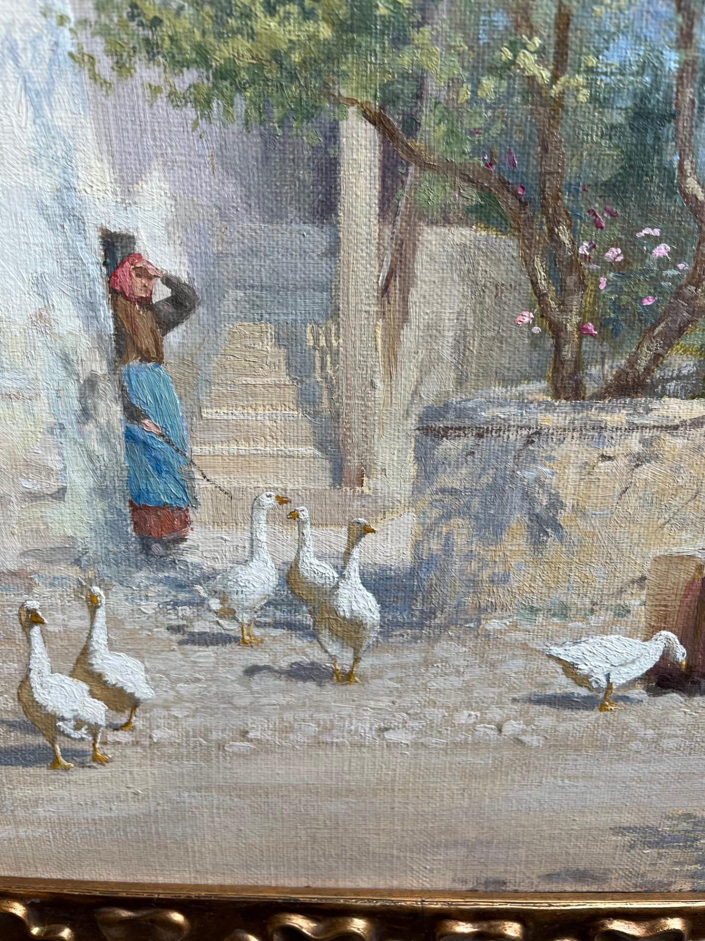 Victorian style Landscape with ladies feeding Geese in the Swiss town of  Novelle.  Though painted in the very brief Edwardian era, this Oil on Canvas is the epitome of  a bucolic Victorian Scene.  This really has it all, beautiful light, well drawn