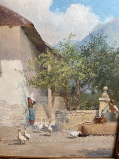 Victorian Landscape in Swiss Village with Figures and Geese Large Oil Painting
