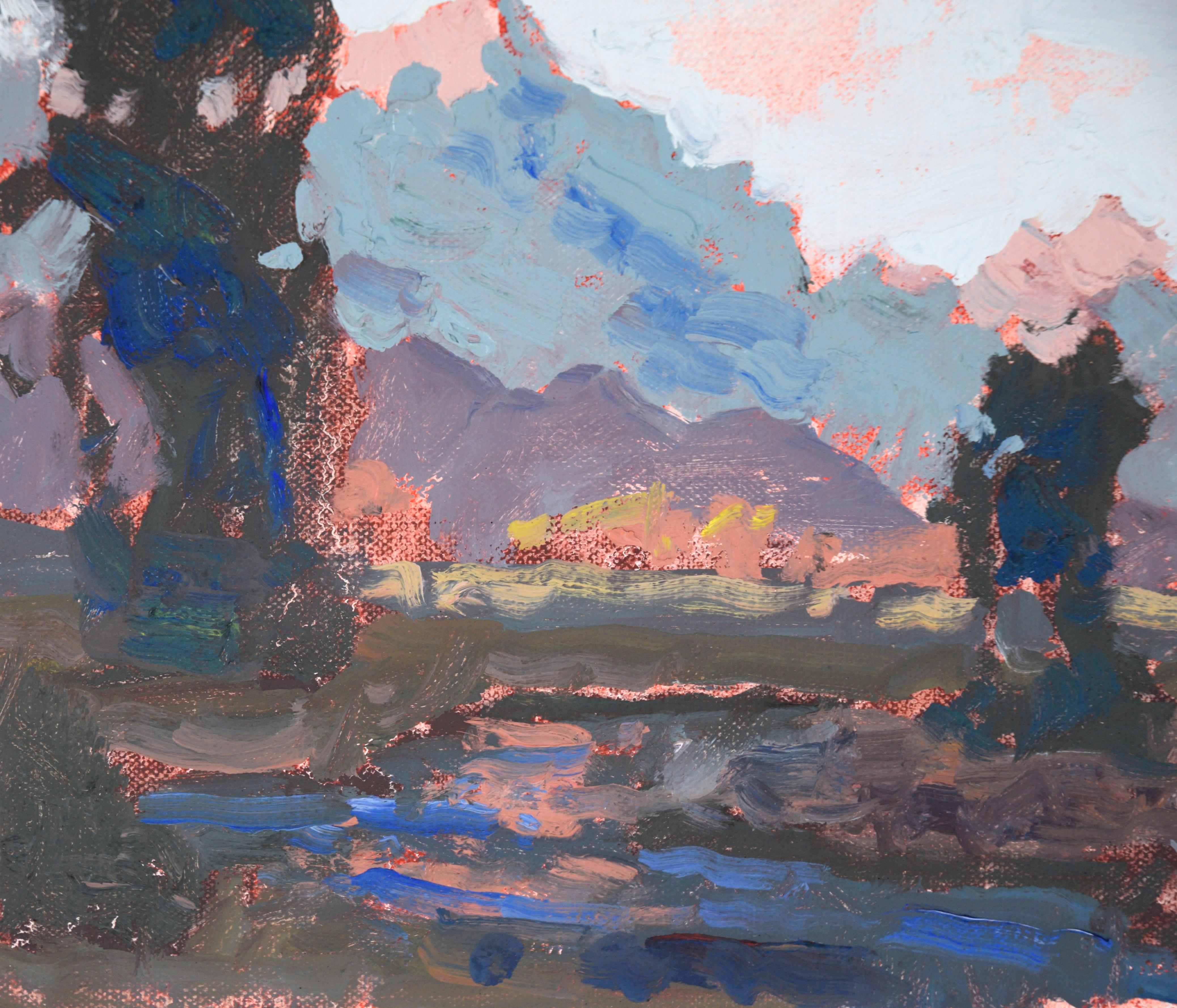 Sunset at Grand Teton National Park - Plein Aire Landscape in Oil on Board For Sale 1