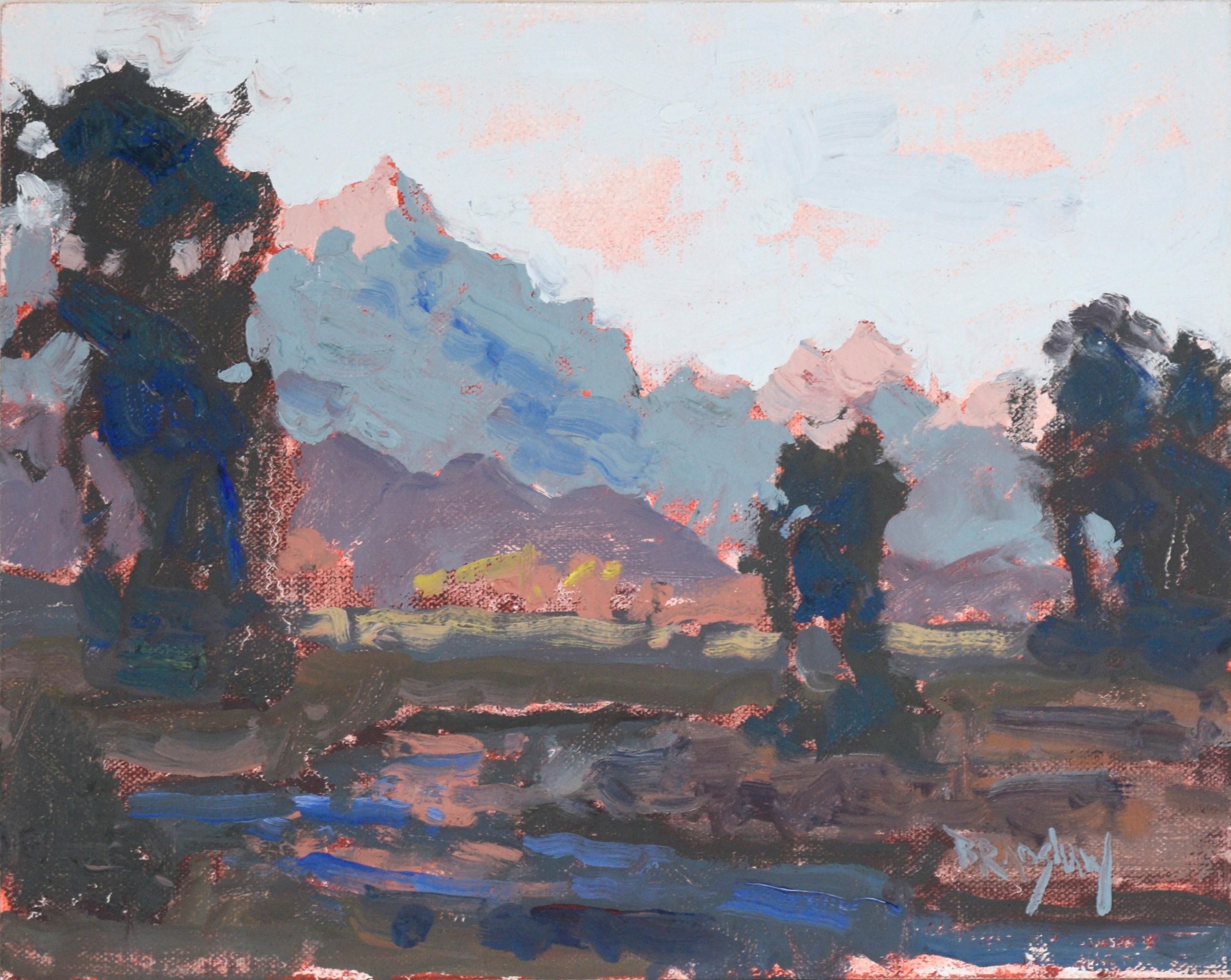 Thomas Bradshaw Landscape Painting - Sunset at Grand Teton National Park - Plein Aire Landscape in Oil on Board