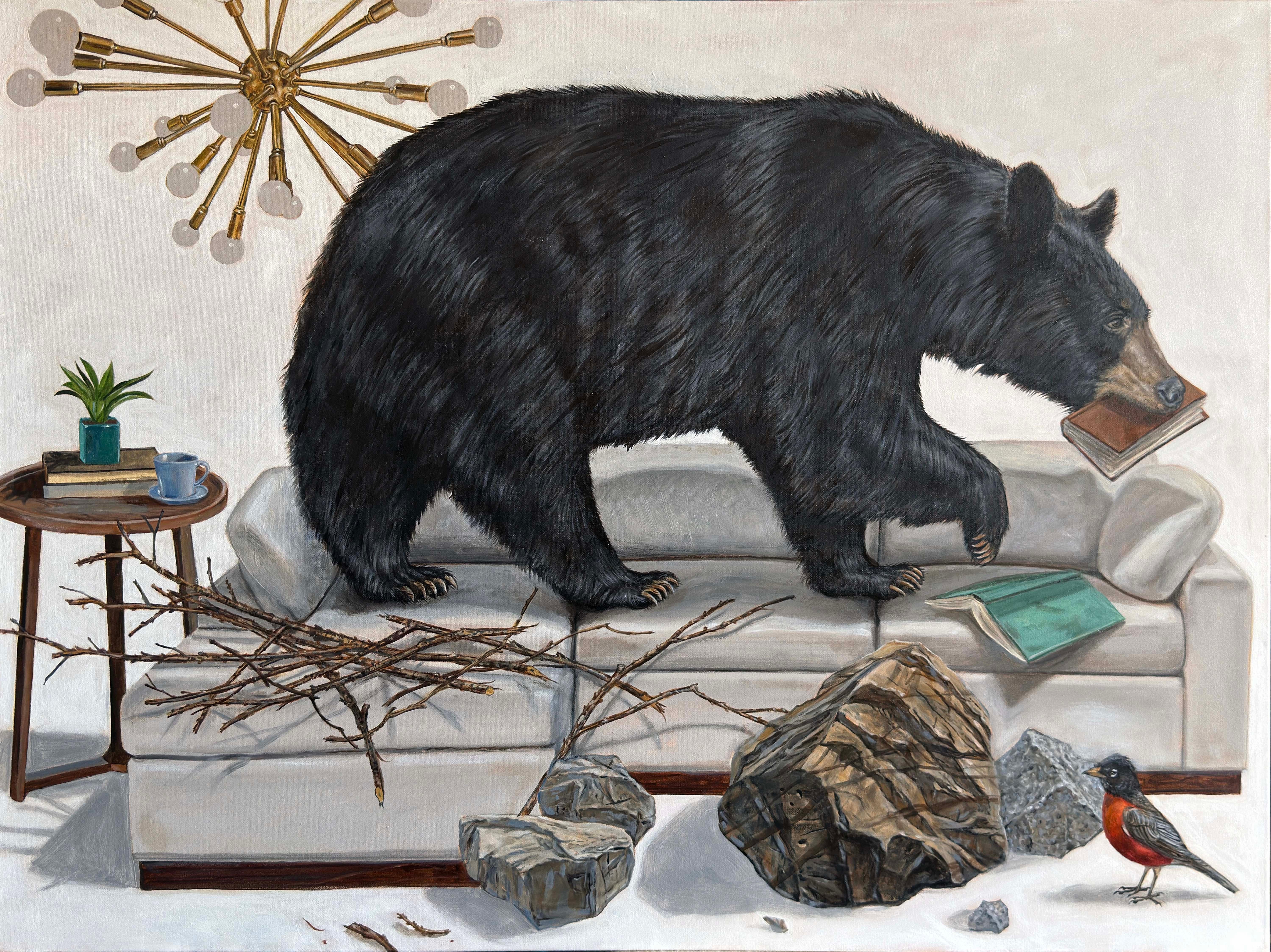 Thomas Broadbent Animal Painting - "Black Bear in Den" large scale contemporary surrealist wildlife oil painting
