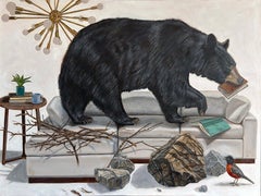 "Ours noir dans sa tanière" peinture à l'huile contemporaine surréaliste de grande taille sur la faune sauvage.