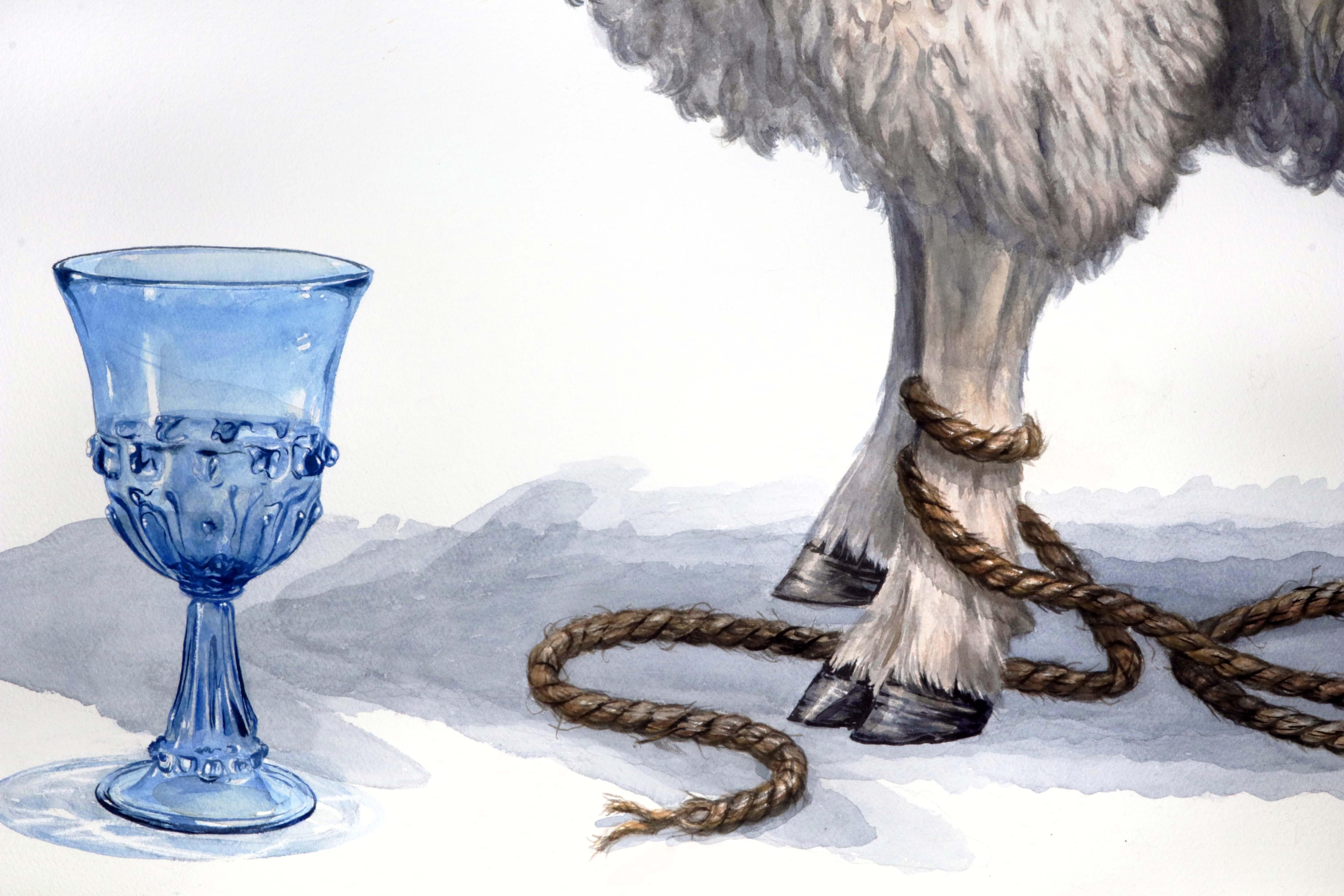 Zeitgenössisches surrealistisches Tier-Stillleben „Blue Goblet“ (weißes Lamm)  (Grau), Animal Art, von Thomas Broadbent