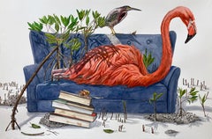 "Blue Nest" Large Scale Watercolor Flamingo painting, contemporary surrealist
