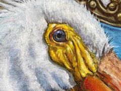 "Blue Refugee" Pelican on blue, gold gilded armchair, contemporary surrealist