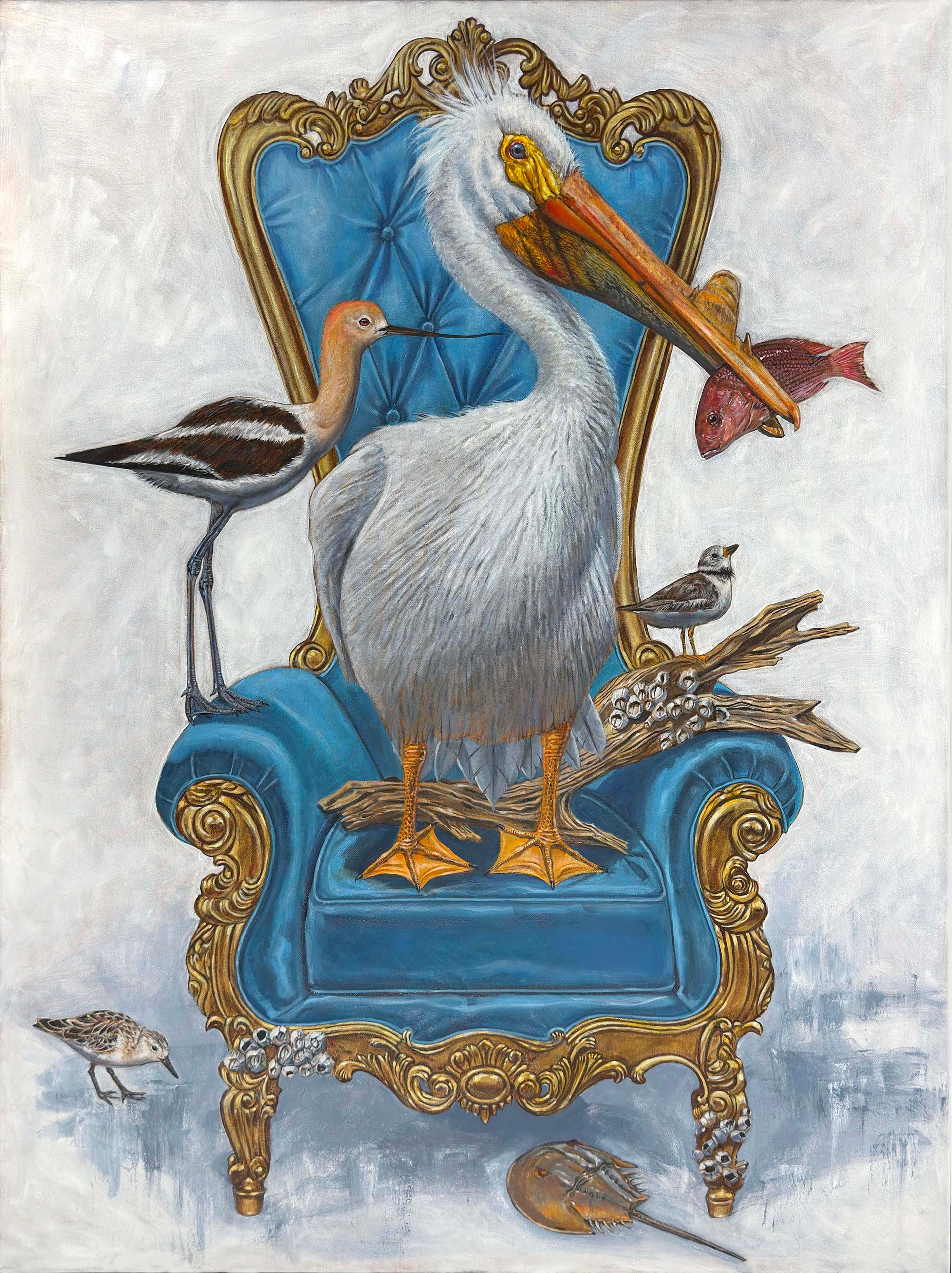 Thomas Broadbent Figurative Painting – "Blue Refugee" Pelikan auf blauem, vergoldetem Sessel, zeitgenössischer Surrealist